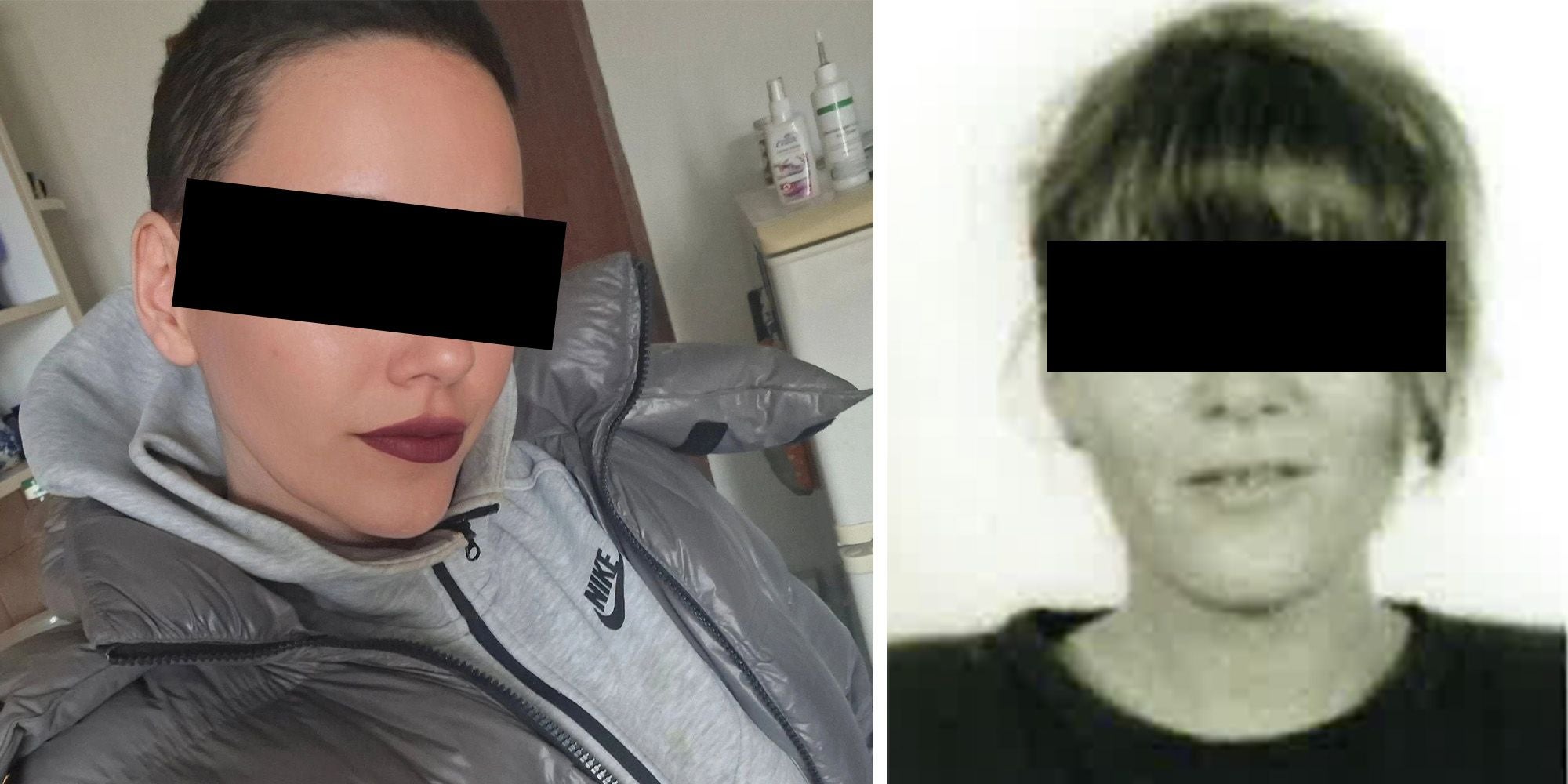 Zwei Frauenporträts nebeneinander mit schwarzem Balken über den Augen.