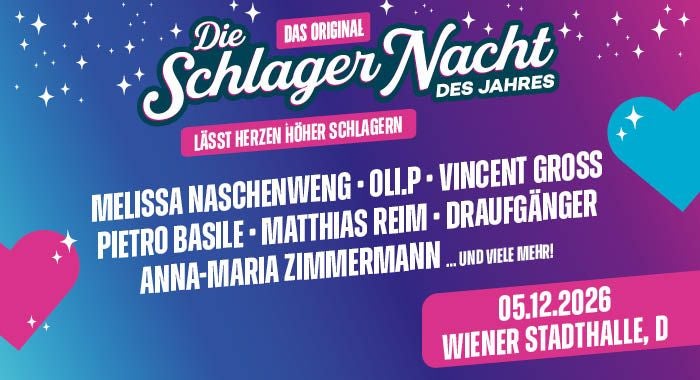 Plakat zur Schlagernacht des Jahres 2026 in der Wiener Stadthalle mit Künstlernamen und Datum.