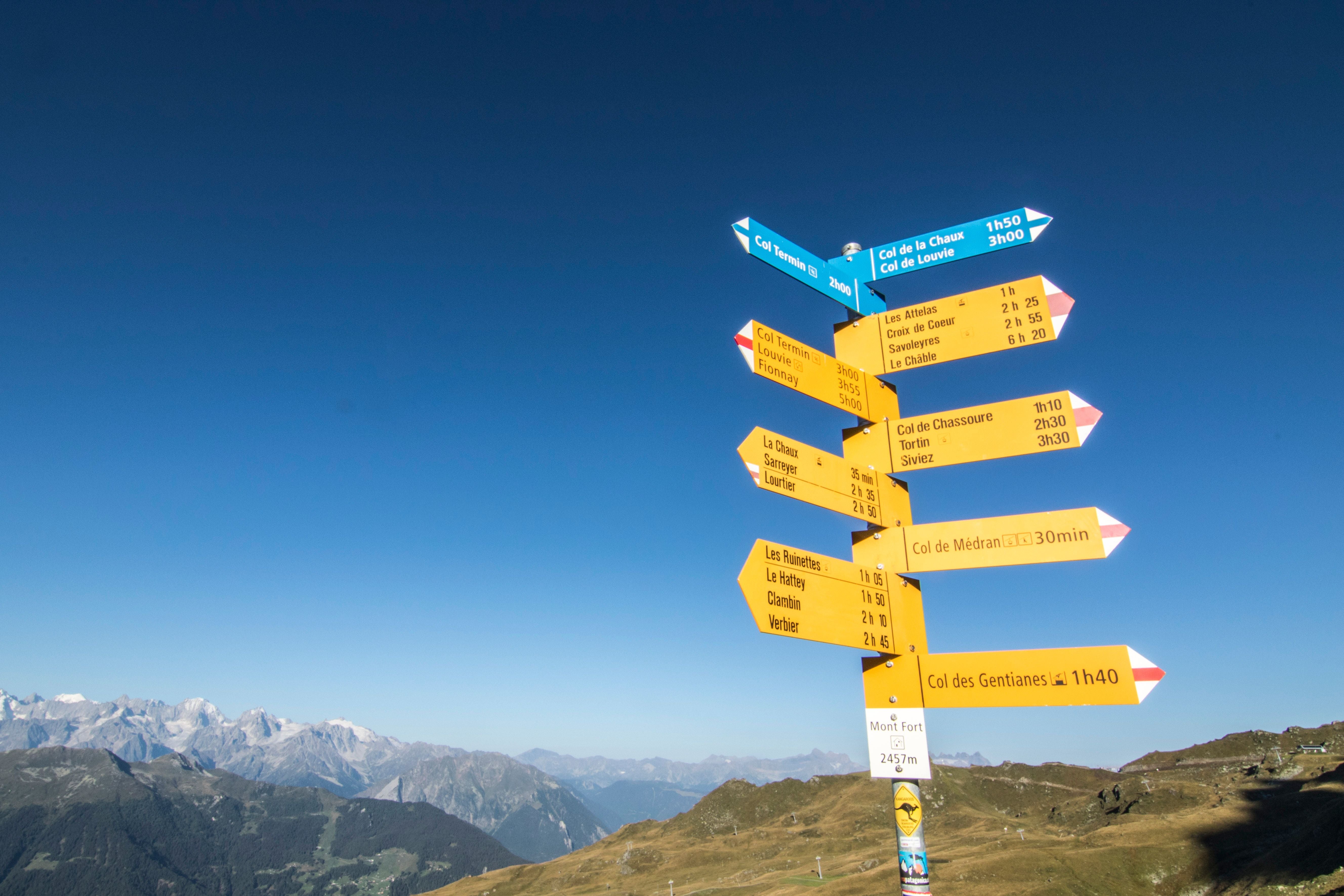 Wegweiser mit Wanderzielen in den Bergen, klarer Himmel, Alpengipfel im Hintergrund.