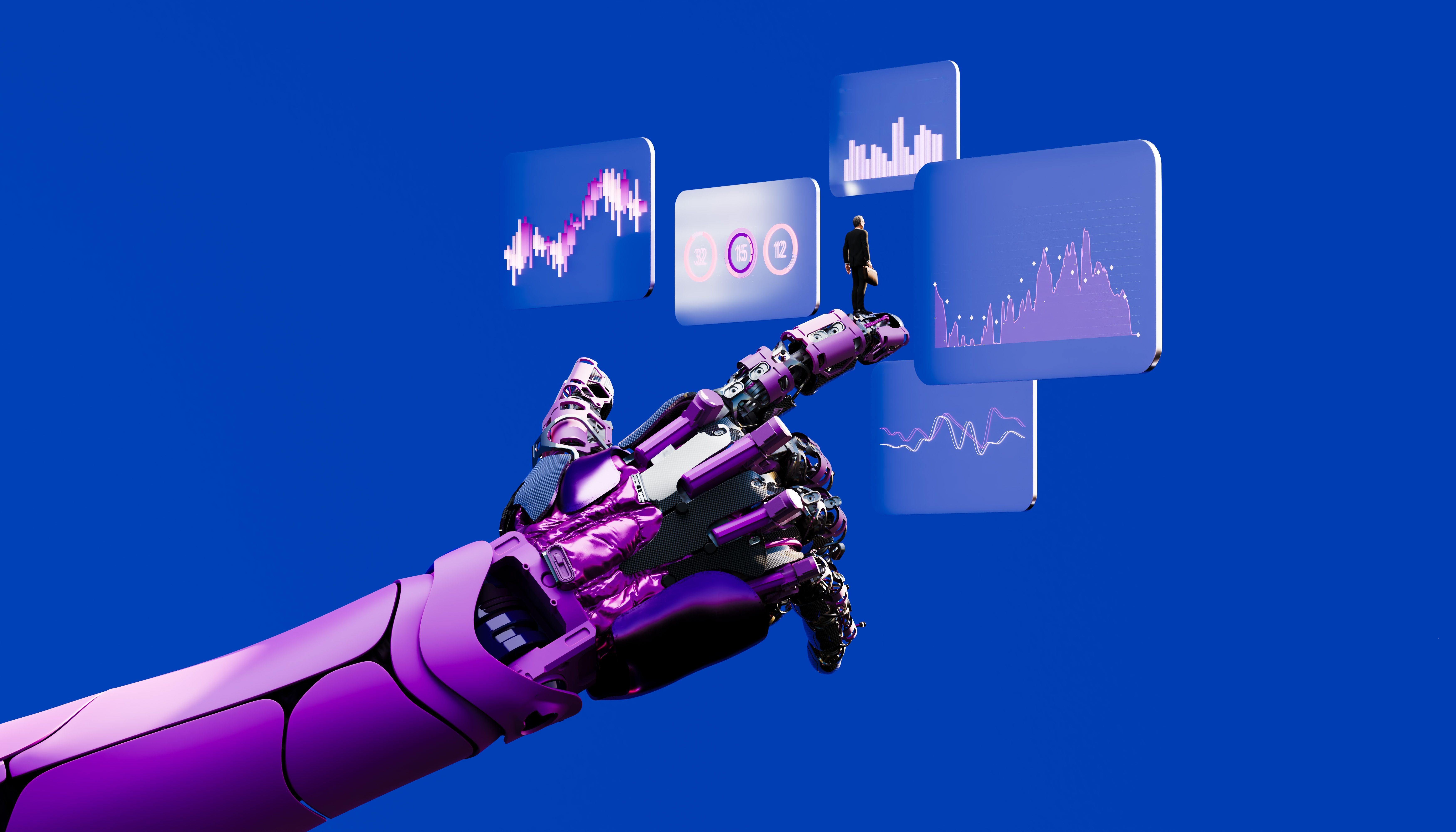 Eine große, violette Roboterhand zeigt auf Finanzdaten, ein Geschäftsmann steht auf ihrem Finger.