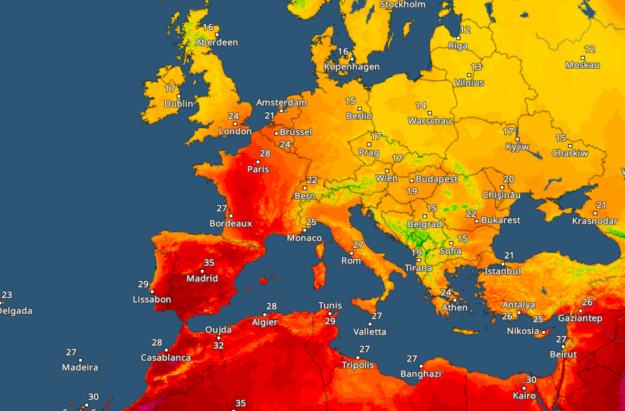 Eine Wetterkarte zeigt hohe Temperaturen in Südeuropa mit Spitzenwerten in Spanien und Nordafrika.