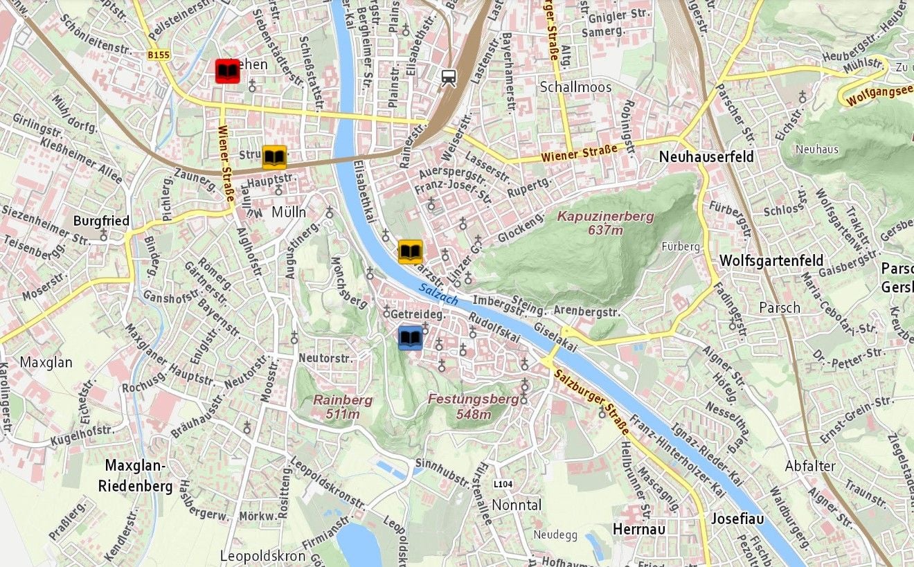 Stadtplan von Salzburg mit farbigen Markierungen auf wichtigen Straßen und Vierteln.
