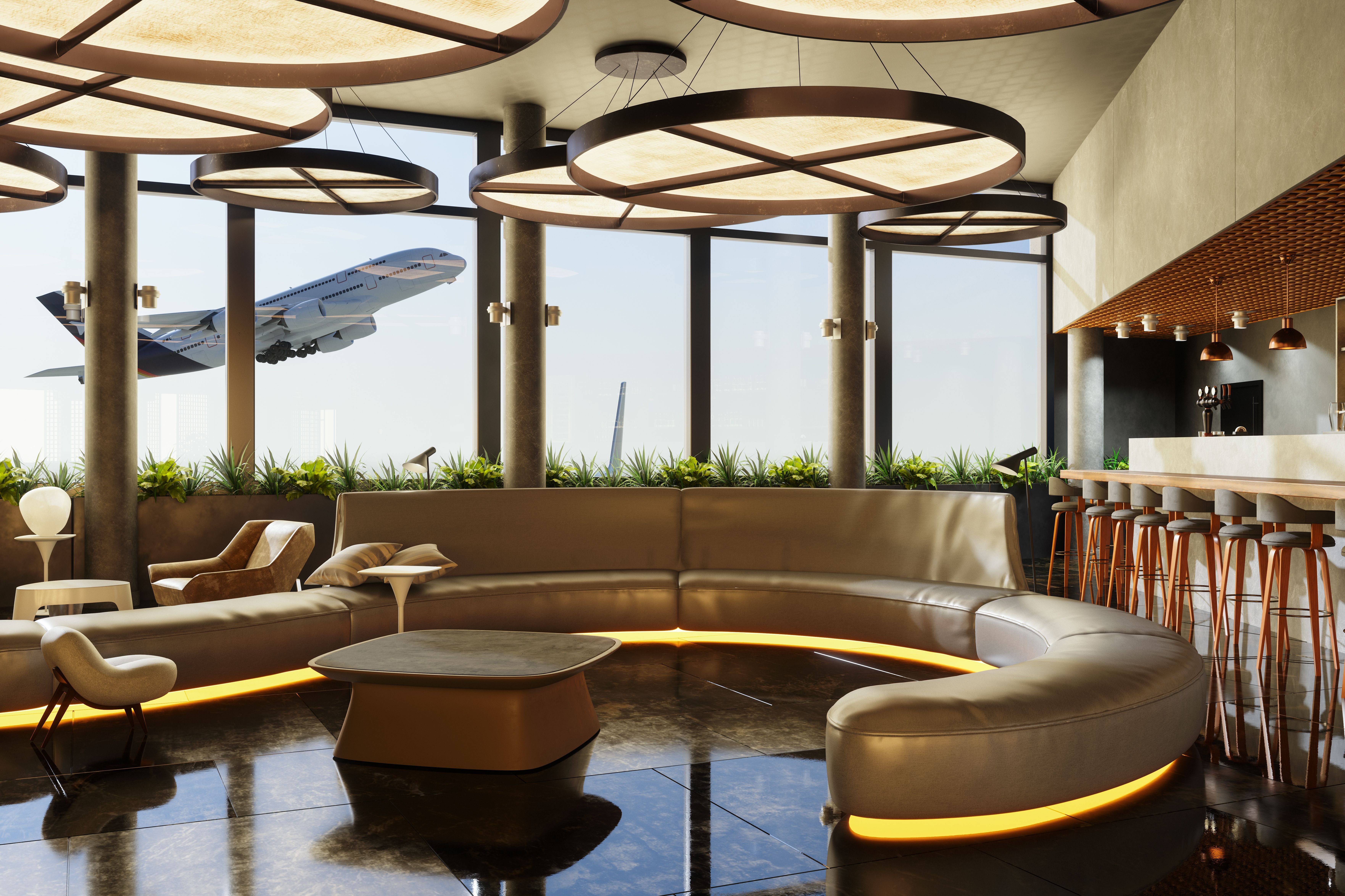 Luxuriöse Flughafen-Lounge mit runder Sofagruppe, Bar und großem Fenster, durch das ein Flugzeug zu sehen ist.