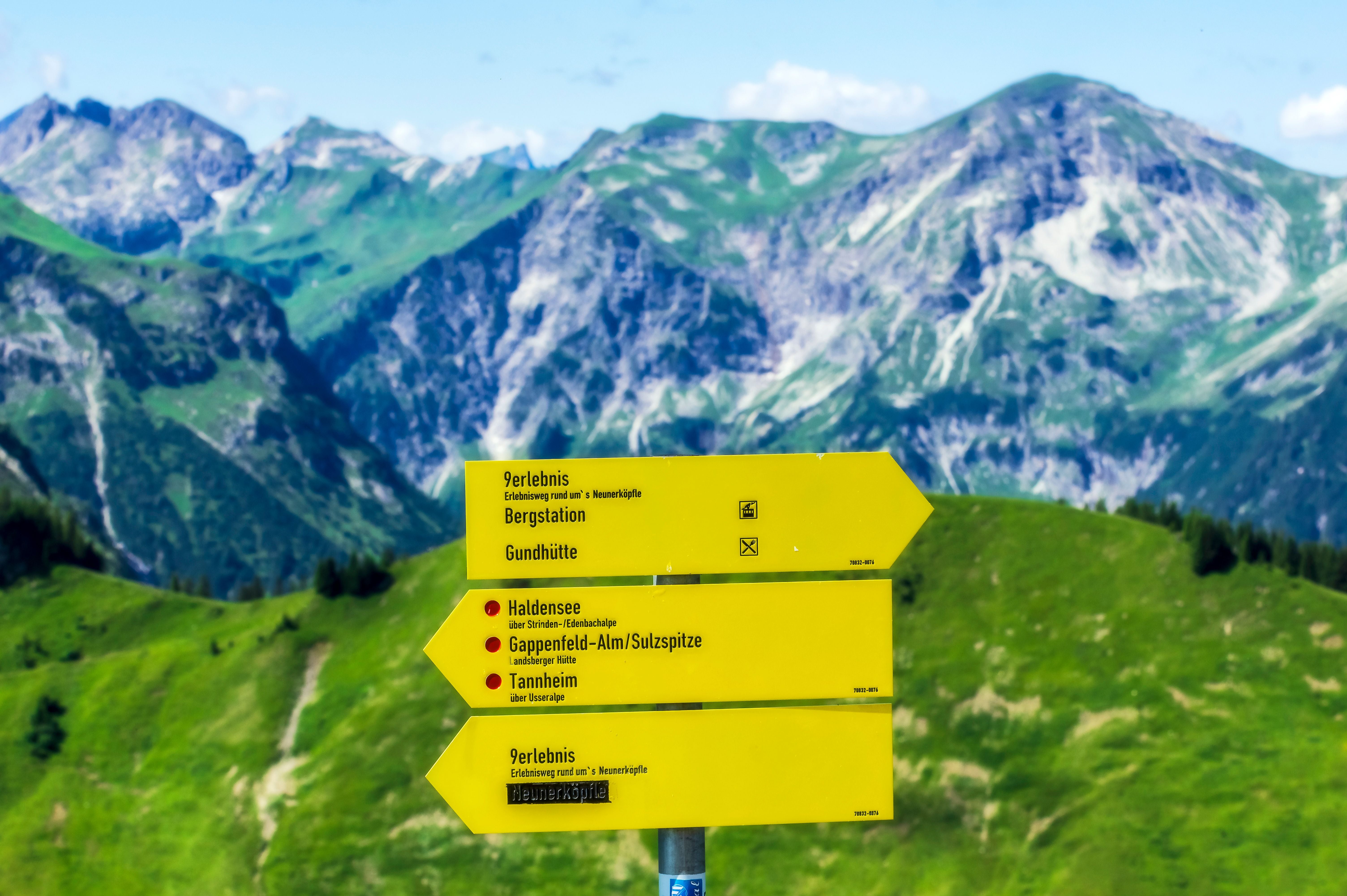 Gelbe Wanderschilder vor grüner Berglandschaft und felsigen Alpen im Hintergrund.