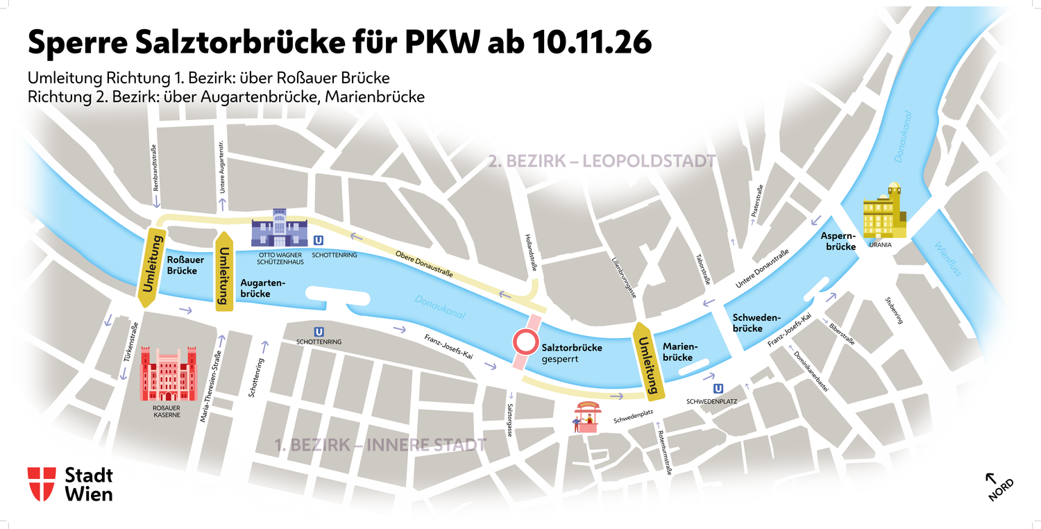 Karte von Wien mit Sperrung der Salztorbrücke für PKW und Umleitungen ab 10.11.26 eingezeichnet.
