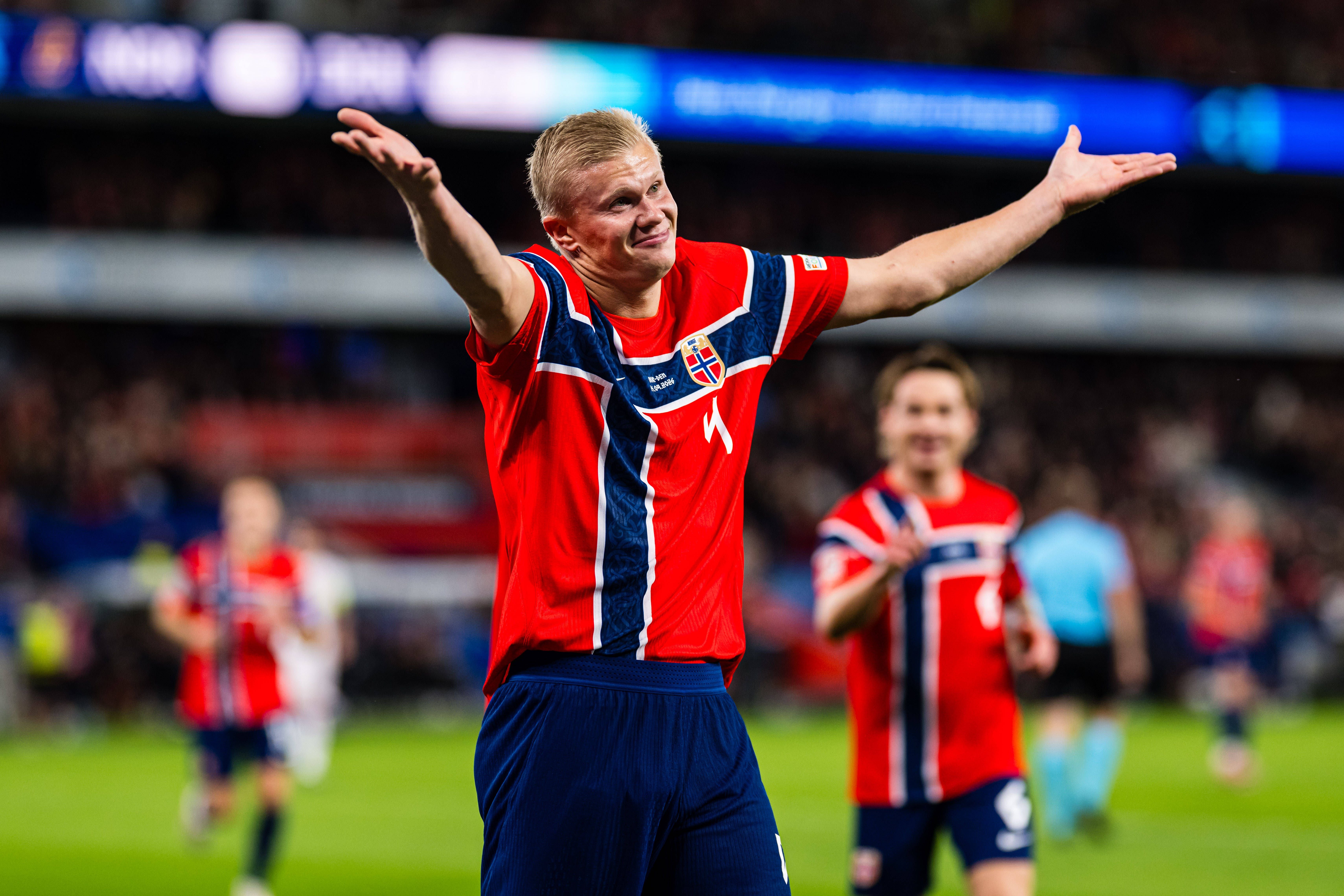 260924 Erling Braut Haaland of Norway celebrates after scoring the 2-0 goal during the Nations League football match between Norway and Denmark on September 24, 2026 in Oslo. Photo: Marius Simensen / BILDBYRAN / COP 238 / VG1005 bbeng danmark denmark football fotball fotboll jubel landskamp nations league norge norway soccer *** September 24, 2026: Erling Braut Haaland of Norway celebrates after scoring the 2-0 goal during the Nations League soccer match between Norway and Denmark on September 24, 2026 in Oslo. Photo by Marius Simensen, BILDBYRAN COP 238 VG1005 bbeng Denmark football soccer celebration international match Nations League Norway PUBLICATIONxNOTxINxSWExNORxFINxDEN Copyright: MARIUSxSIMENSEN BB260924ZC022