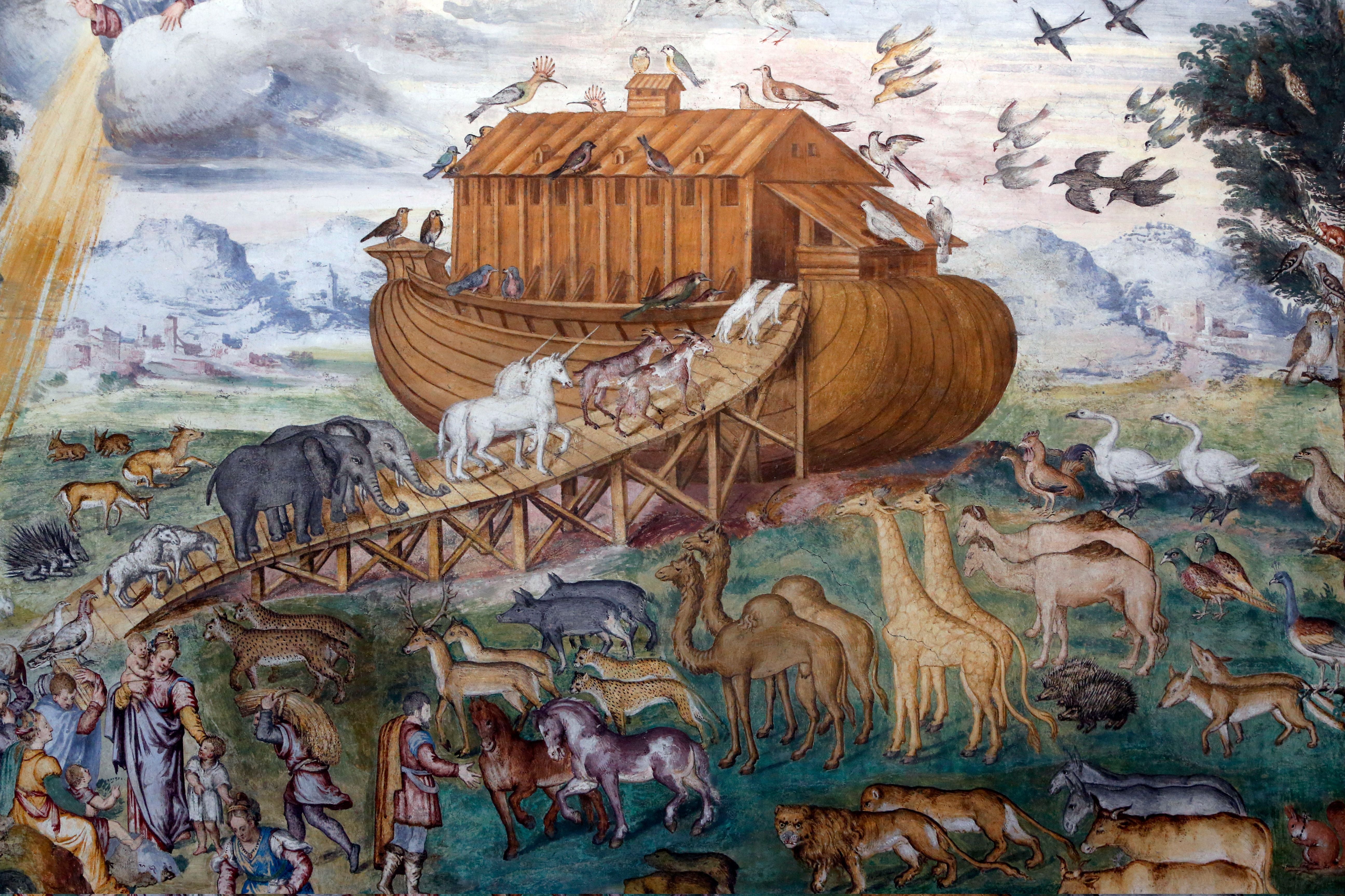 Fresko aus dem 16. Jahrhundert zeigt Noahs Arche und viele Tiere, die hineingehen.
