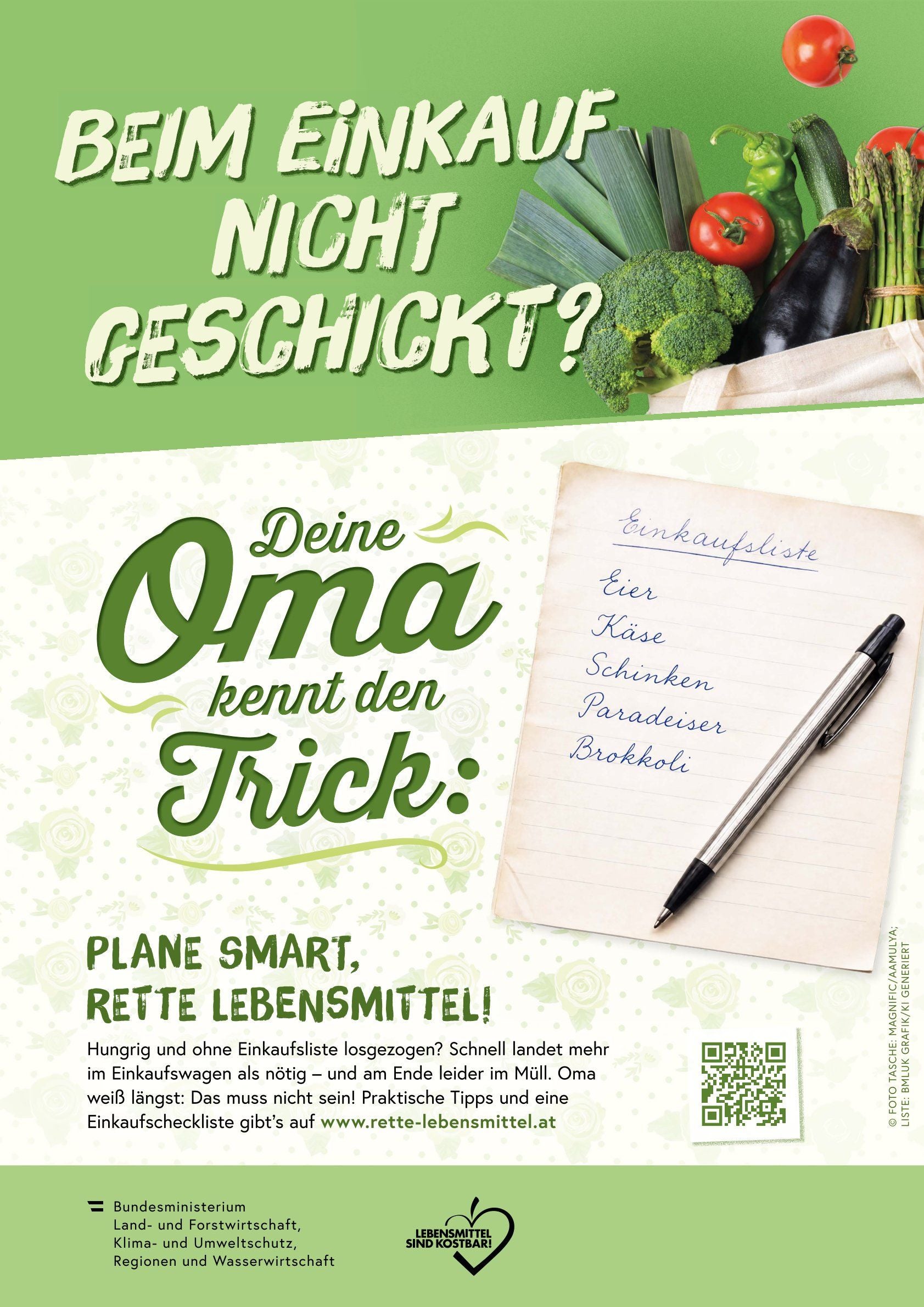Plakat mit Einkaufstasche voller Gemüse und Einkaufszettel, der zum smarten Einkaufen auffordert.