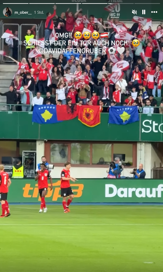Fußballspieler in roten Trikots vor jubelnden Fans mit Österreich-Fahnen im Stadion.