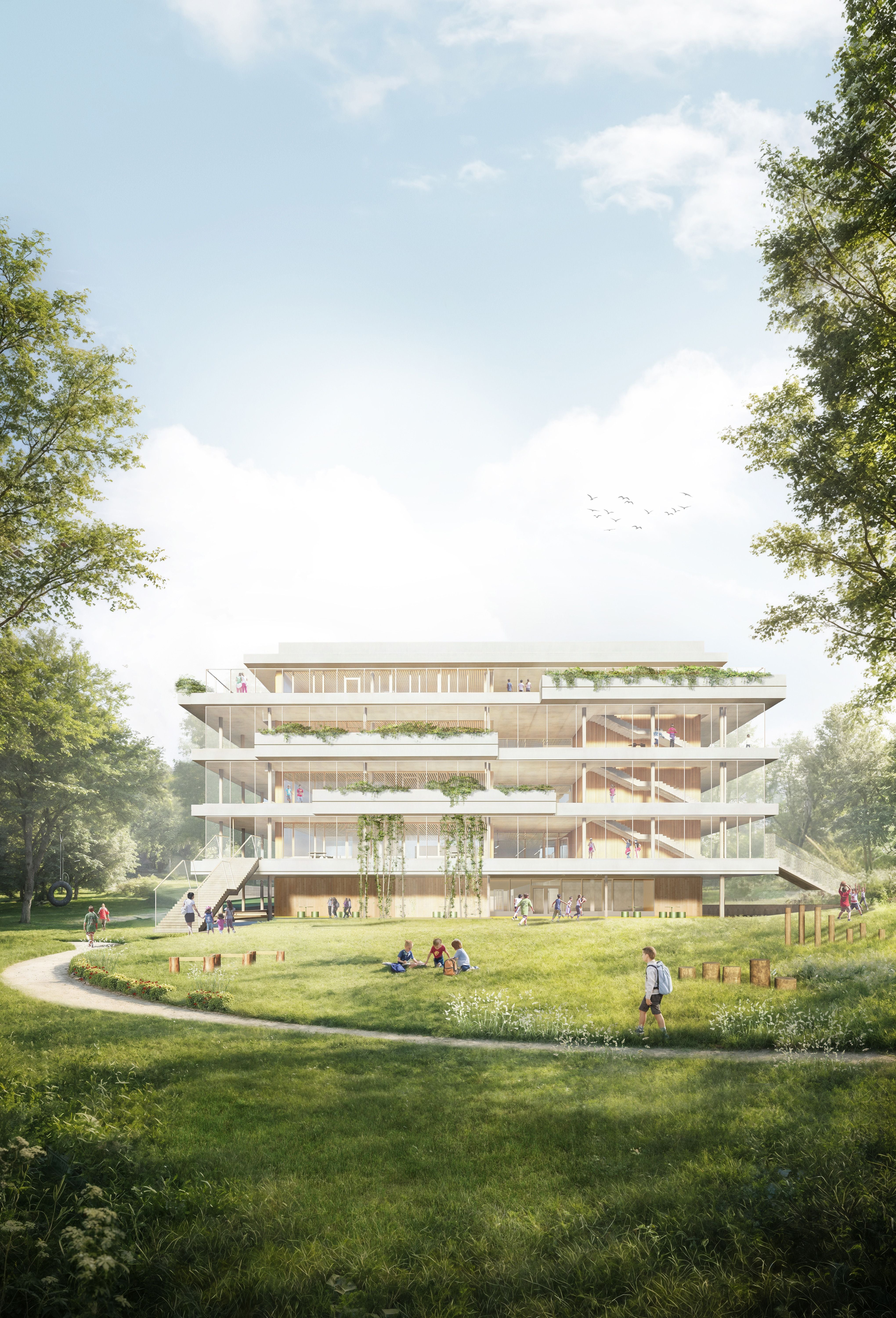 Modernes, mehrstöckiges Schulgebäude mit viel Glas, umgeben von grüner Wiese und Bäumen.