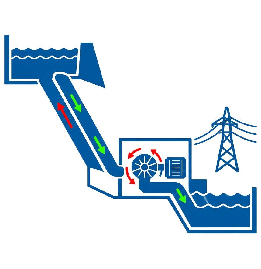 Grafik eines Speicherkraftwerks mit Wasserfluss, Turbine und Strommast.
