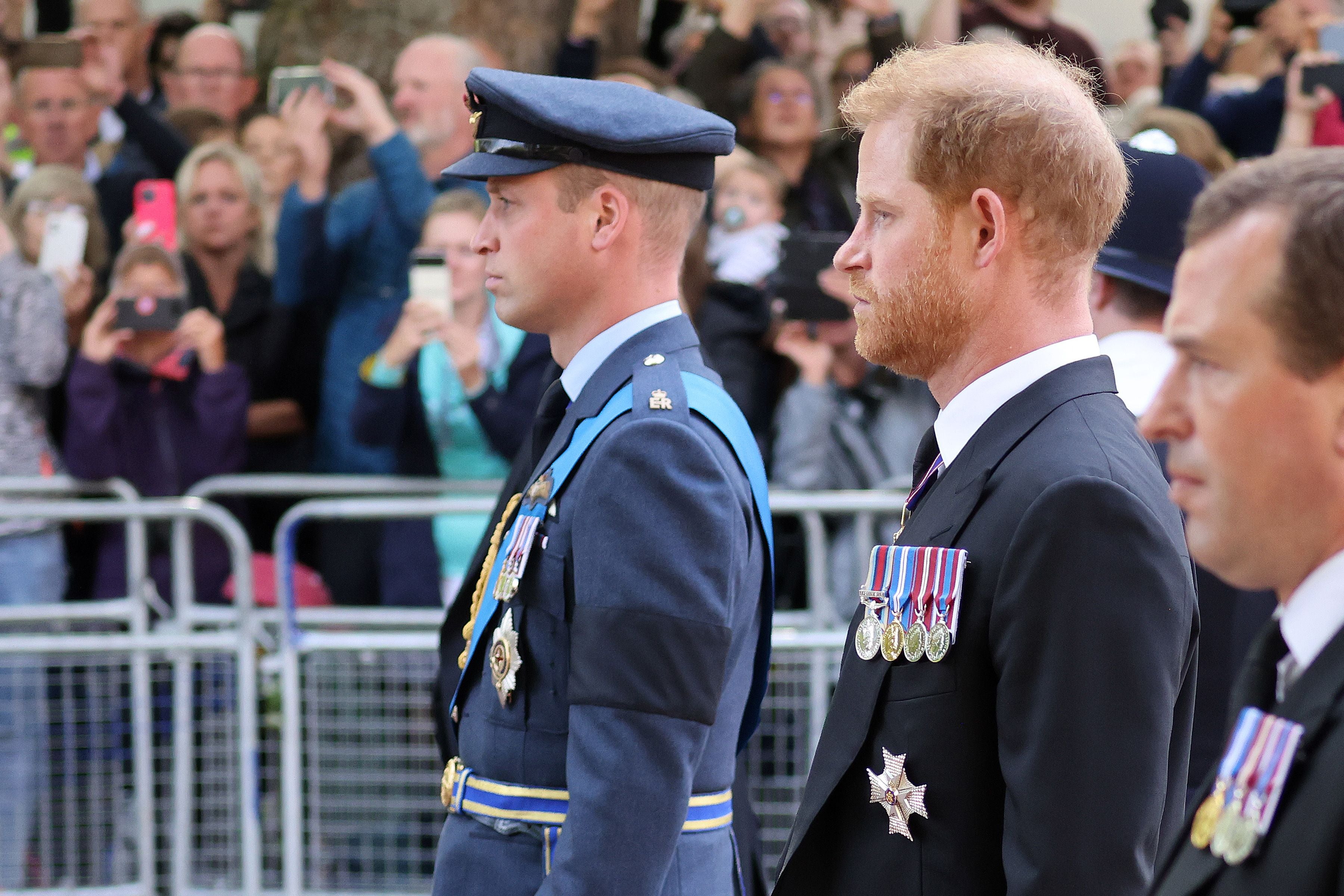 Prinz William und Prinz Harry gehen nebeneinander bei einer feierlichen Prozession in London.