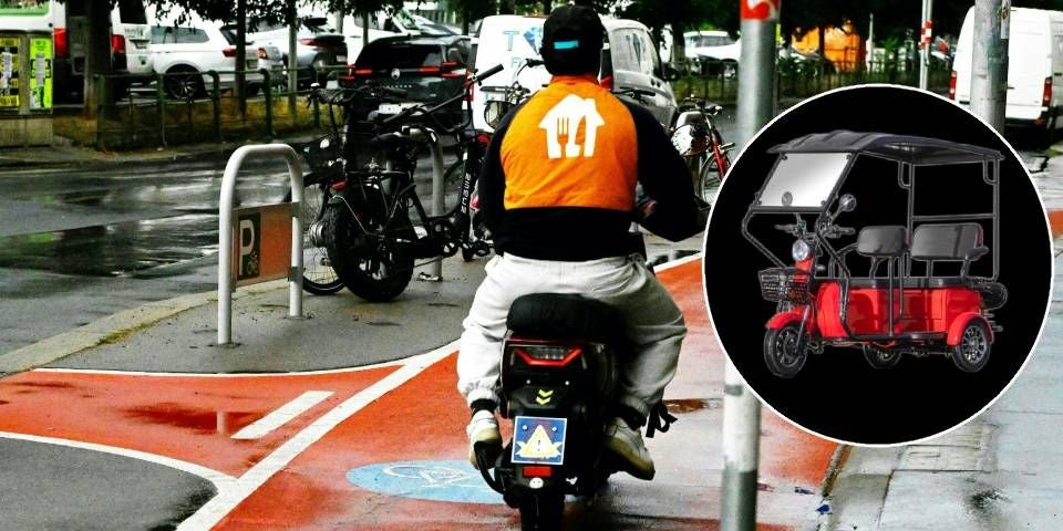 Ein Lieferfahrer fährt auf einem E-Scooter, daneben eine Grafik eines roten E-Rikschas.