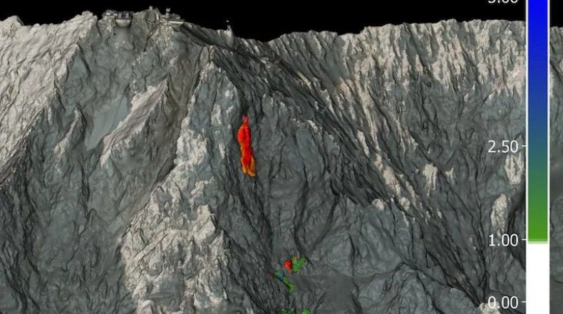 3D-Darstellung der Zugspitze mit farblich markiertem Felsabbruch von 13.800 Kubikmetern.
