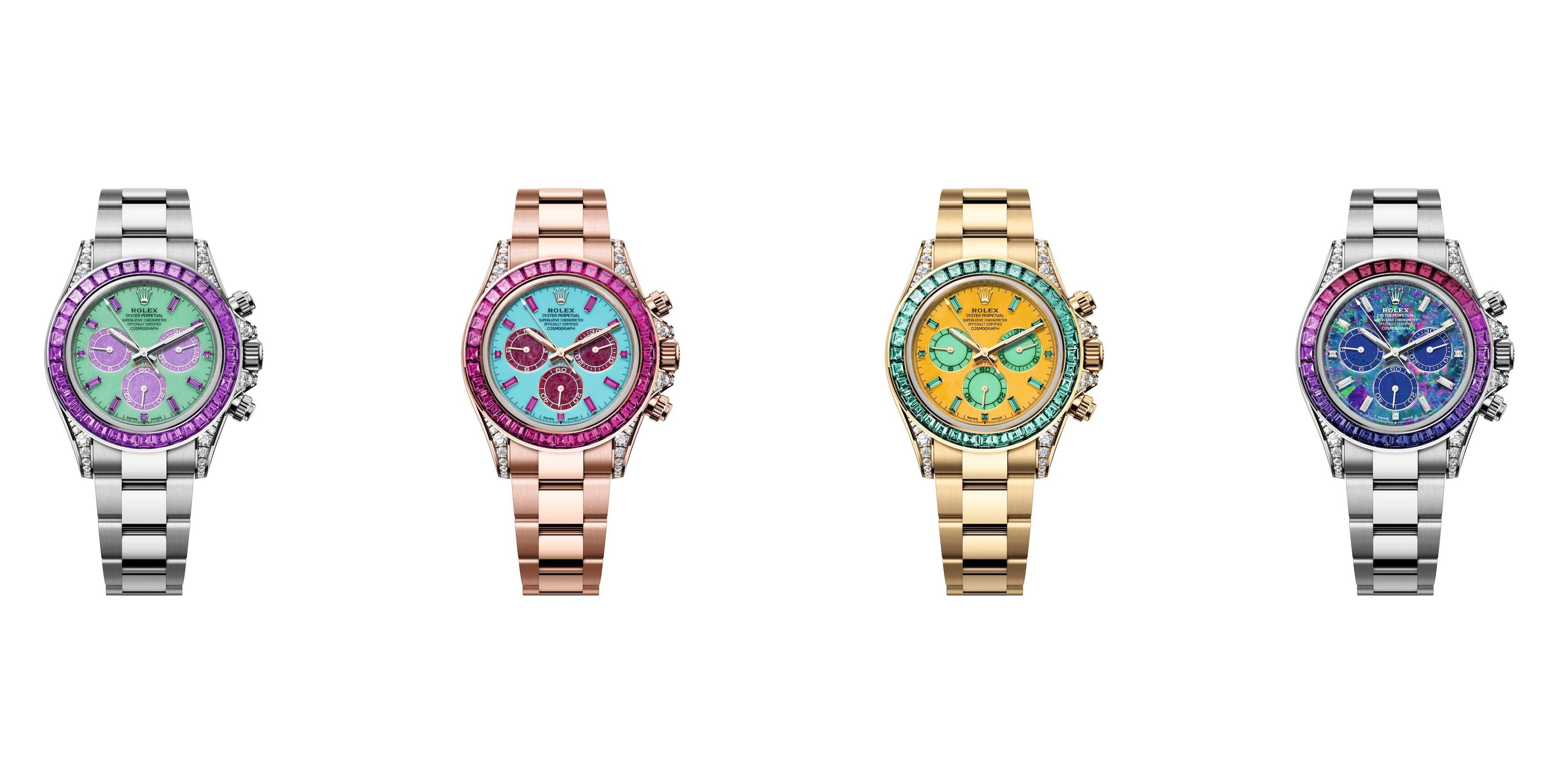 Vier bunte Rolex-Uhren mit edlen Armbändern und Zifferblättern in verschiedenen Farben.