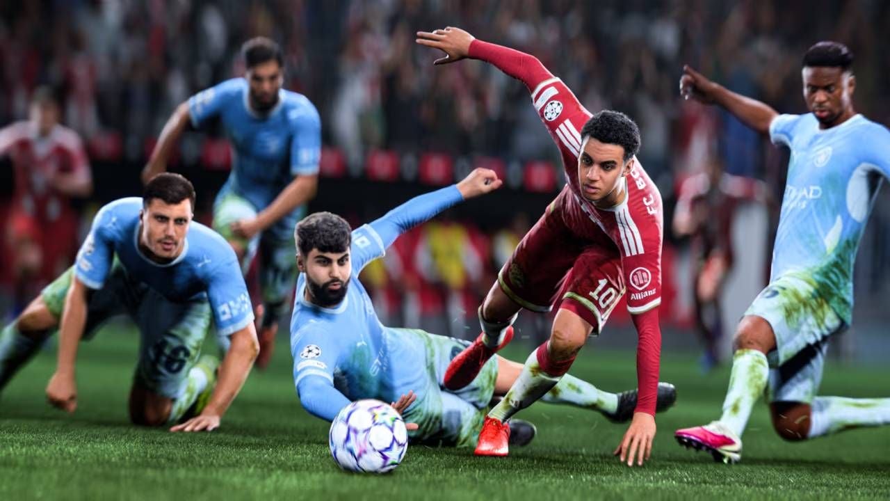 Digitale Fußballspielszene aus EA Sports FC 27 mit Spielern im Zweikampf um den Ball.