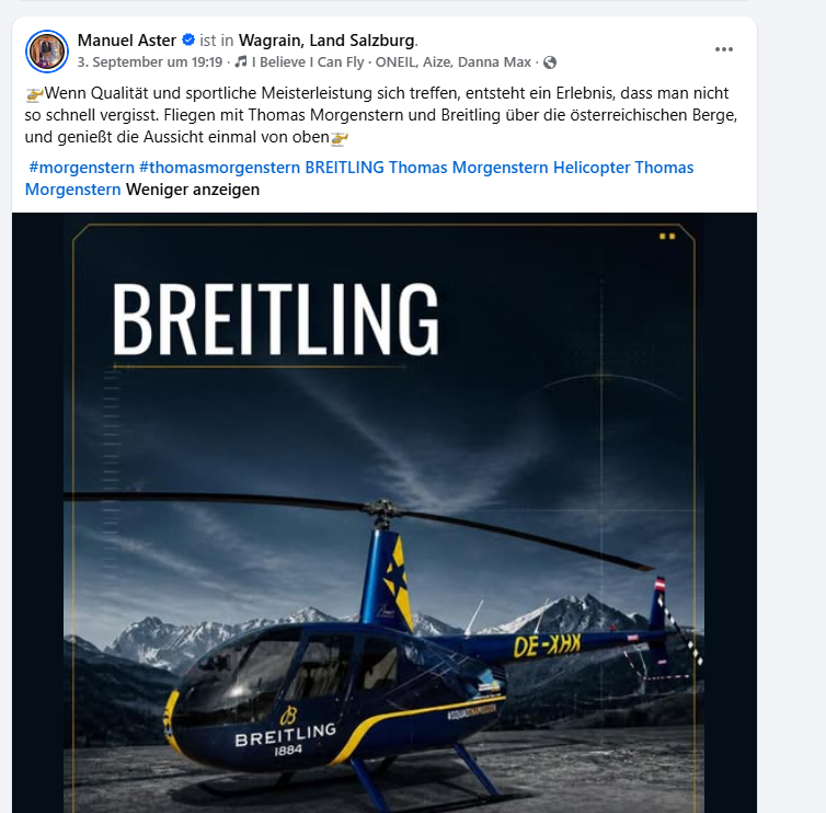 Werbung auf sozialen Medien, bevor der Heli entdwendet wurde.