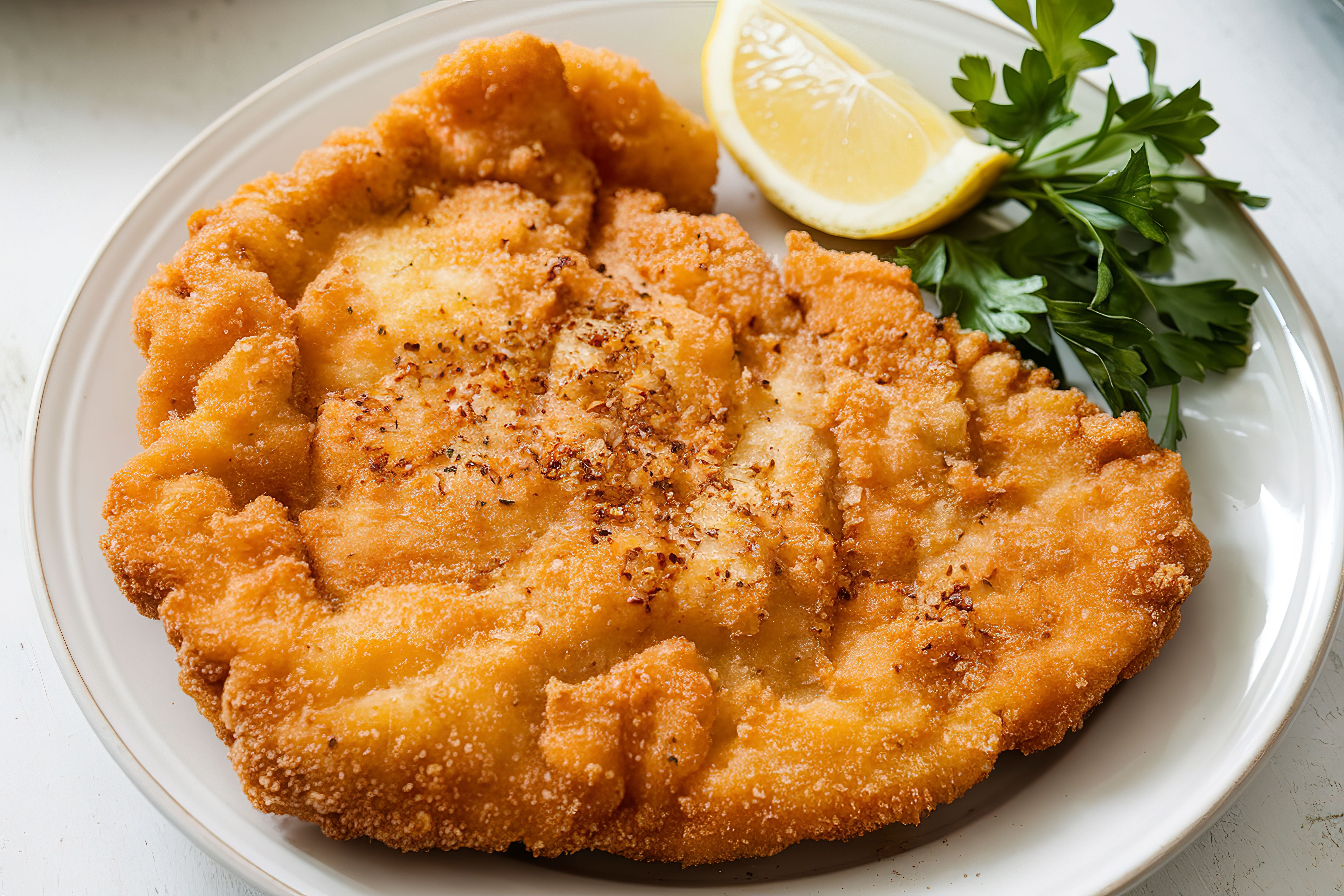 Knuspriges Wiener Schnitzel mit Zitronenscheibe und Petersilie auf weißem Teller.