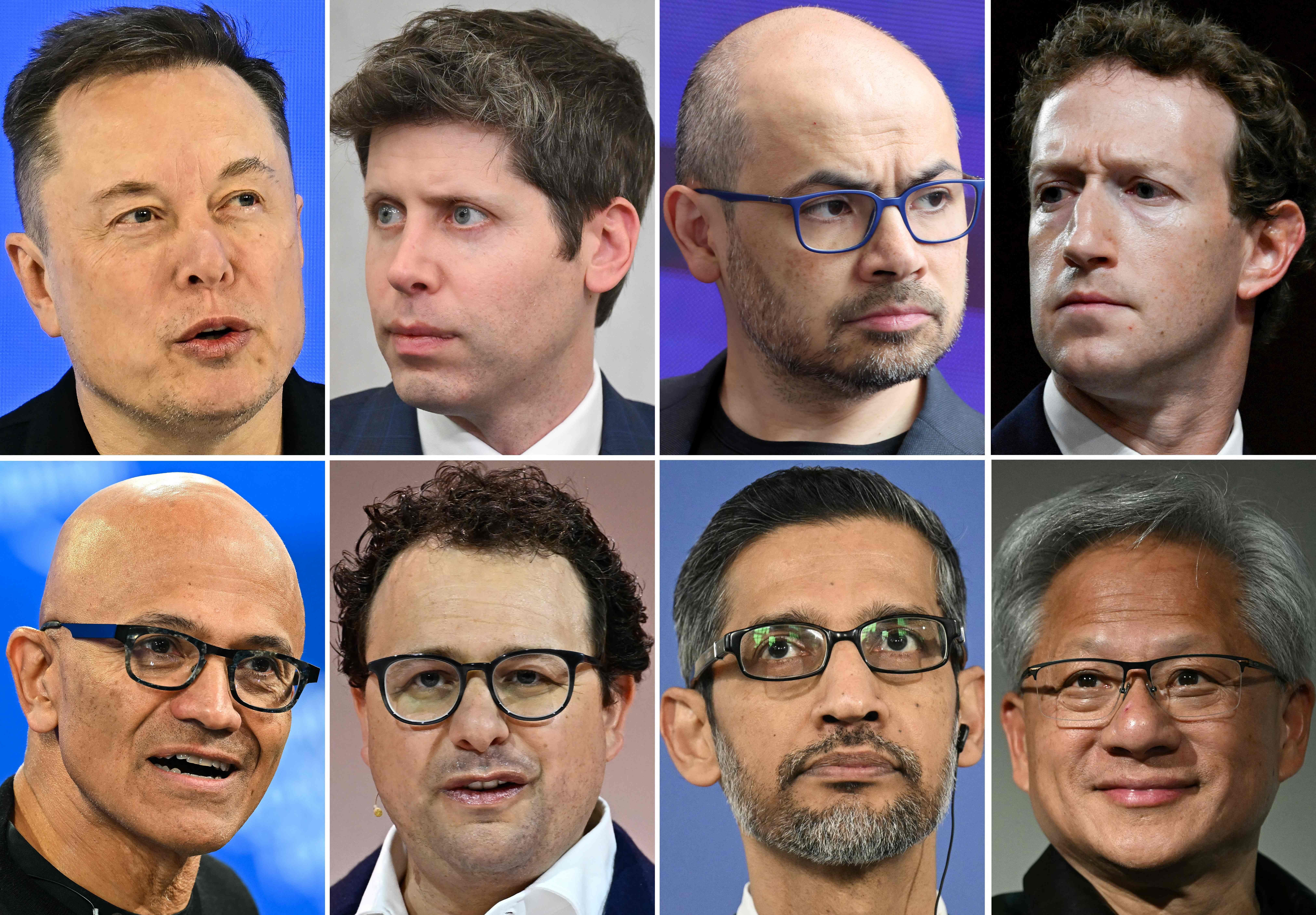 Porträts von acht männlichen Führungskräften aus der Tech- und KI-Branche in einer Collage.