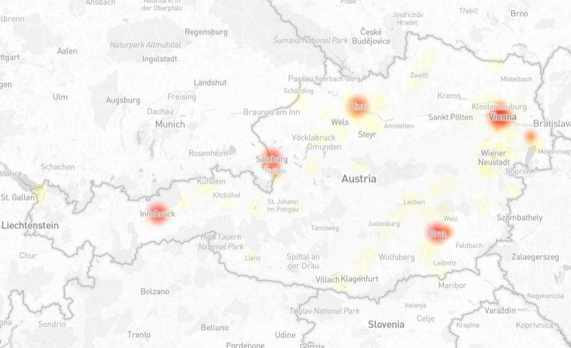 Heatmap von Österreich mit roten Hotspots in Städten wie Wien, Linz, Graz, Salzburg und Innsbruck.