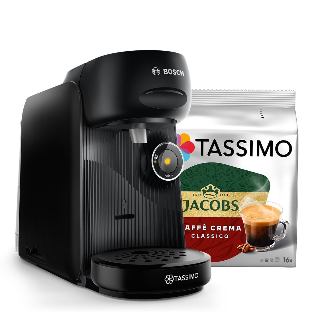 Schwarze Bosch Tassimo Kaffeemaschine vor transparentem Hintergrund.