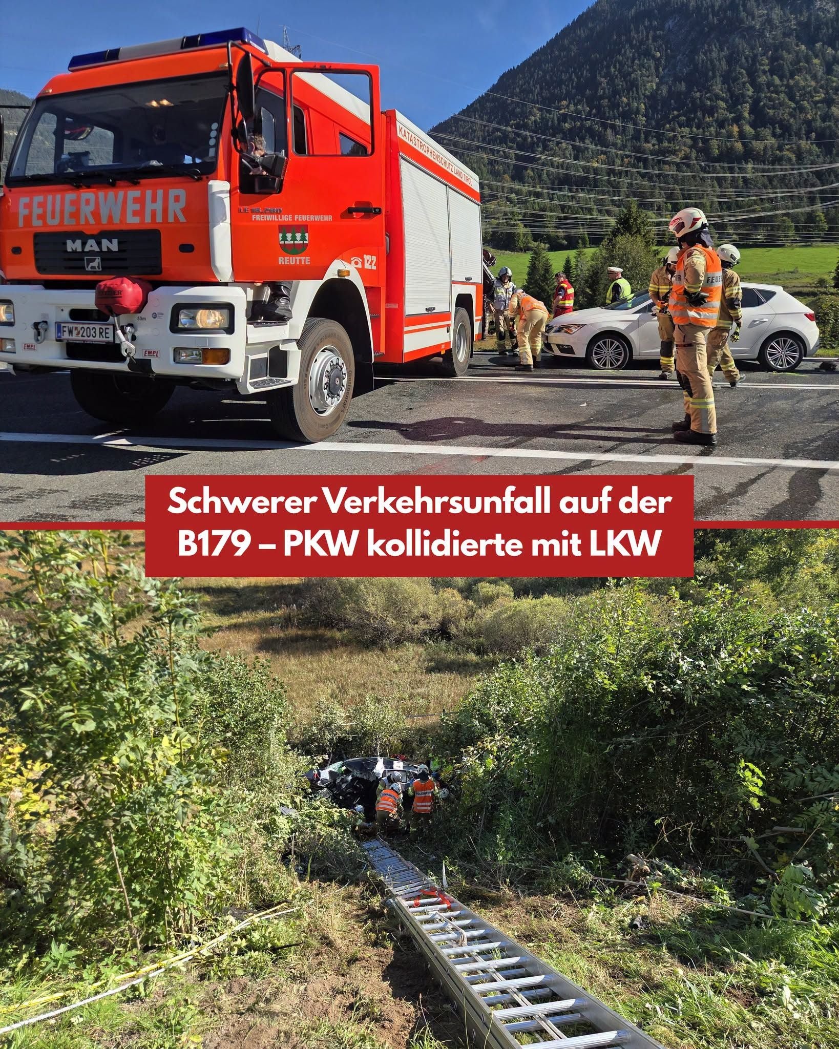 Feuerwehr bei einem Verkehrsunfall-Einsatz neben einer Böschung in Breitenwang.