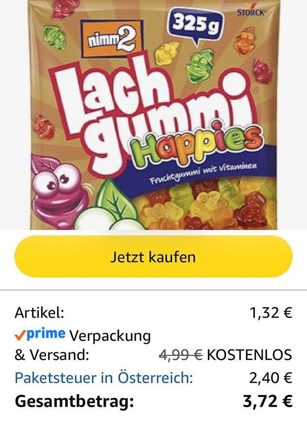 Packung nimm2 Lachgummi Happies, 325g, Amazon-Preisübersicht mit Gesamtbetrag 3,72&nbsp;€.