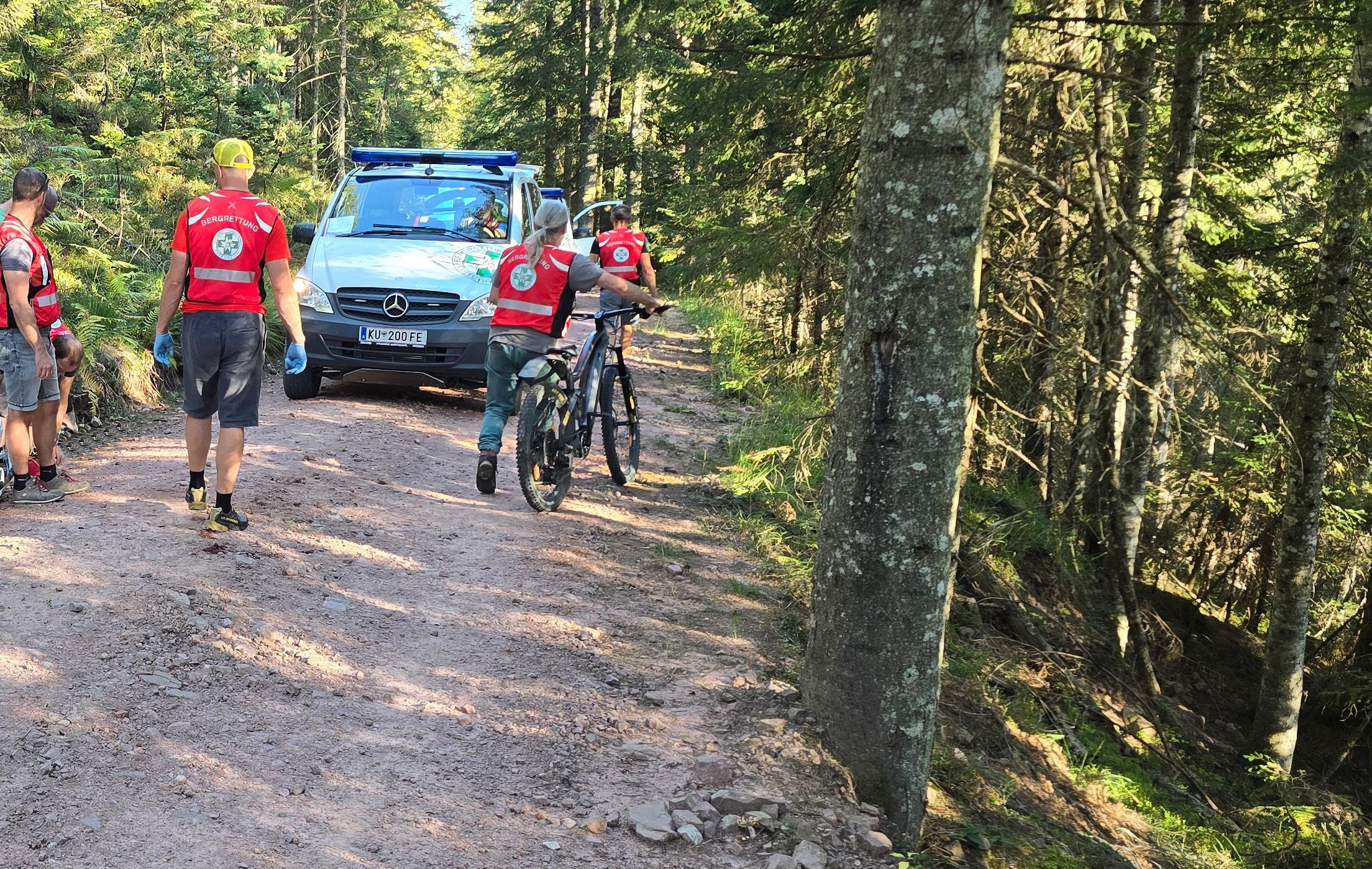 Mehrere Bergretter mit roter Weste und ein Einsatzfahrzeug im Wald auf einem Forstweg.