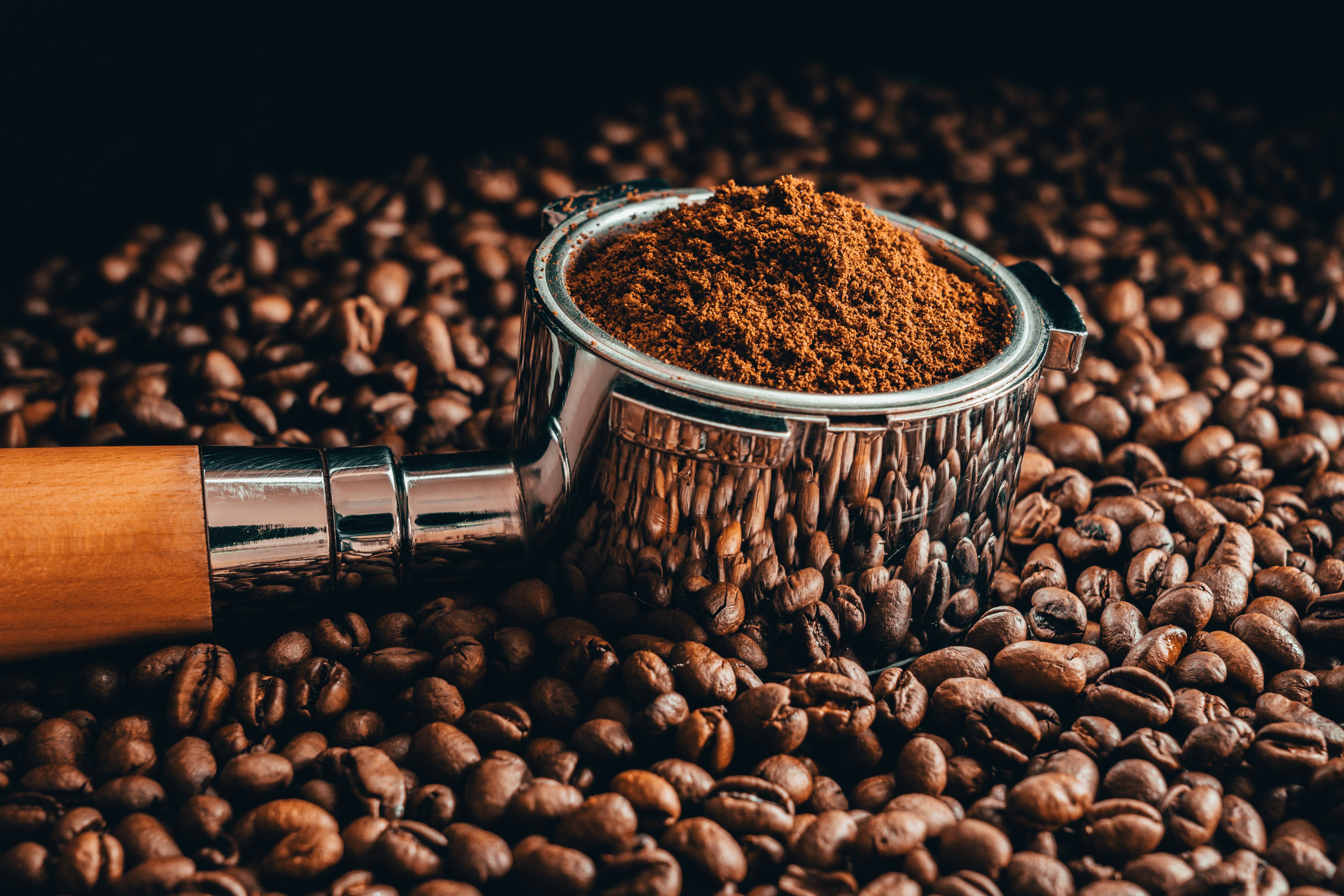 Siebträger mit Kaffeepulver auf einem Bett aus gerösteten Kaffeebohnen.