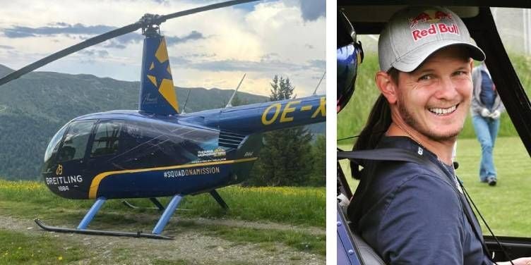 Links ein blauer Helikopter in den Bergen, rechts ein lächelnder Mann mit Red Bull-Mütze im Cockpit.
