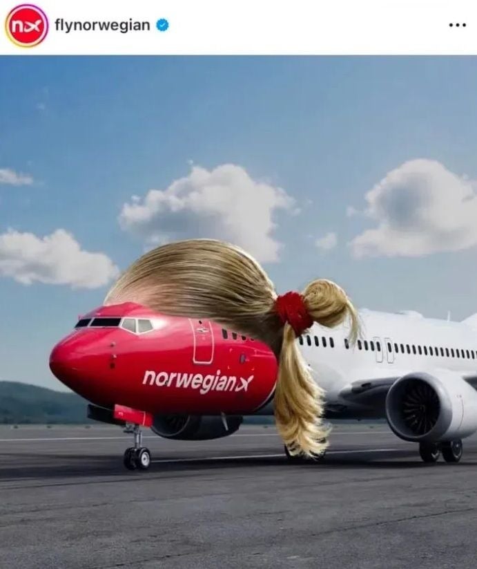 Ein Flugzeug mit blondem Pferdeschwanz, montiert auf seine Nase, steht auf dem Rollfeld.