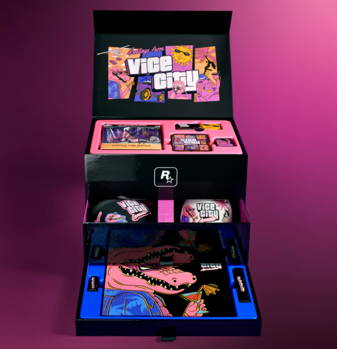 Sonderedition-Box zu GTA 6 mit Vice City-Logo und diversen Sammlerartikeln auf lila Hintergrund.