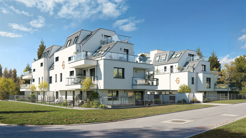 Moderne Wohngebäude mit großen Balkonen und viel Grün an einer ruhigen Straße bei Sonnenschein.