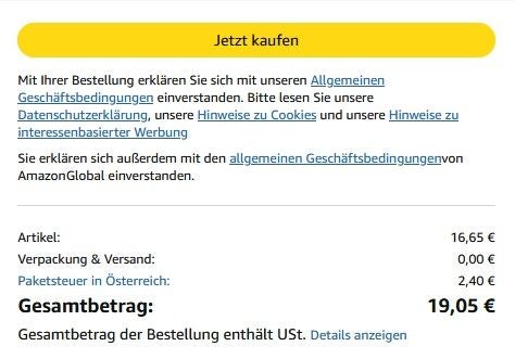 Amazon-Bestellübersicht mit Gesamtbetrag von 19,05 € und gelbem "Jetzt kaufen"-Button.