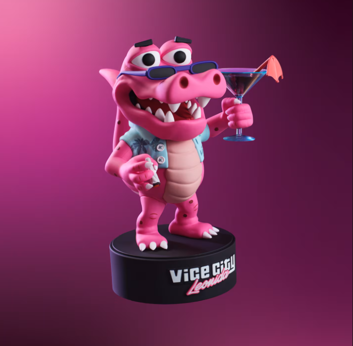 Pinkes Cartoon-Krokodil mit Cocktail, Sonnenbrille und Hawaiihemd auf "Vice City Leonida"-Sockel.
