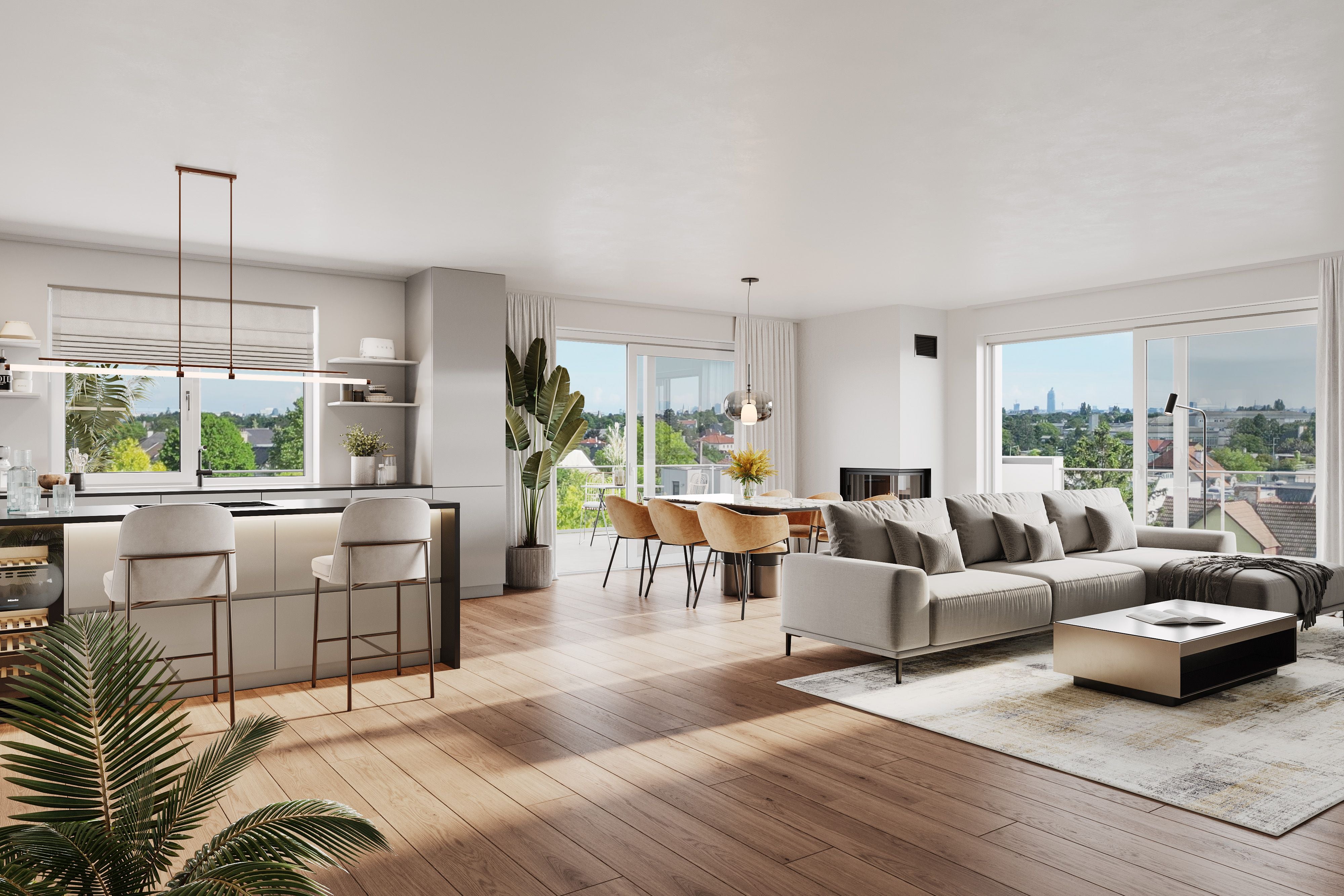 Modernes, offen gestaltetes Wohnzimmer mit Küche, Essbereich, großen Fenstern und Stadtblick.