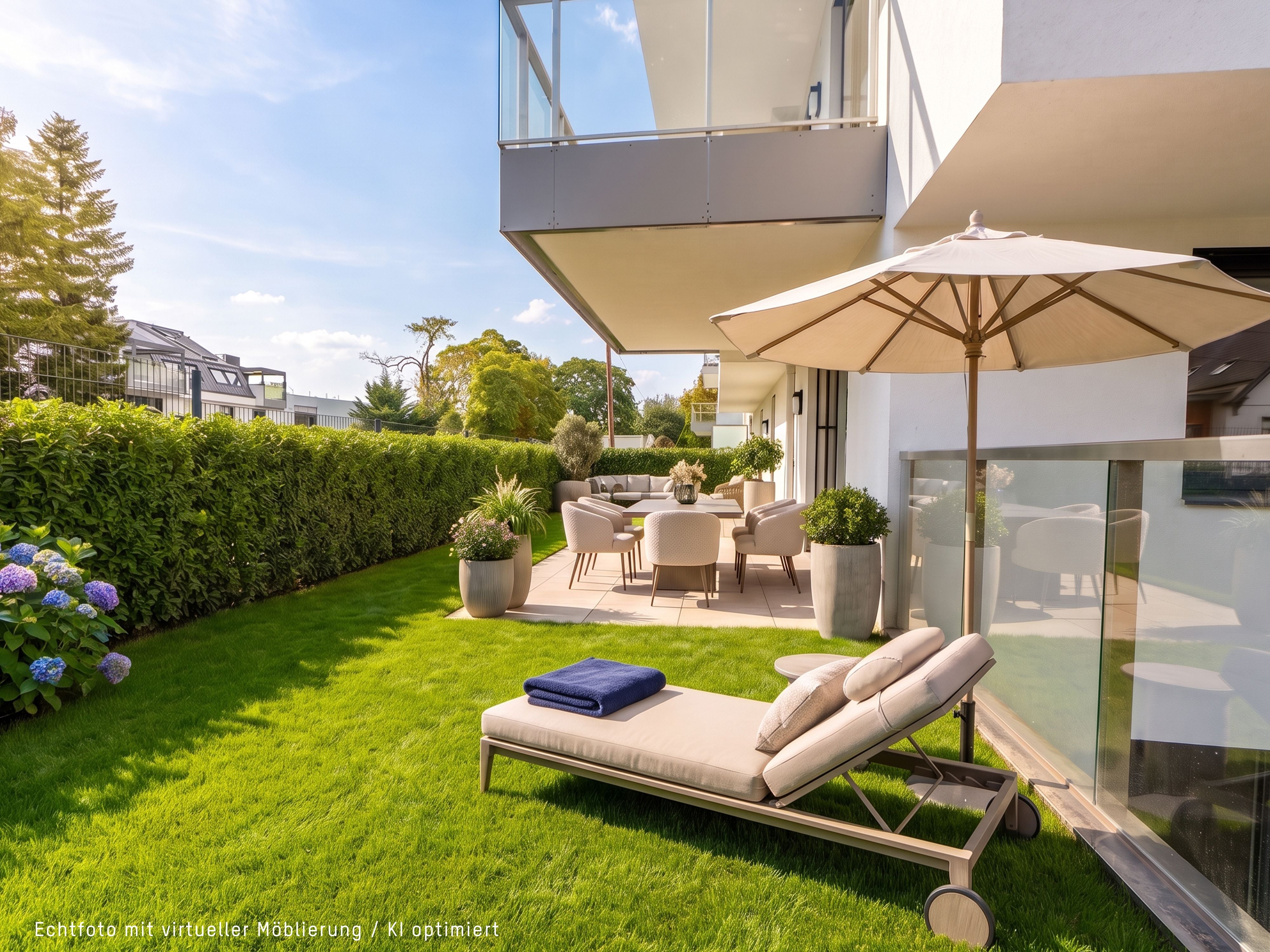 Moderne Terrasse mit Liege, Sonnenschirm und Essbereich im grünen Garten vor einem Haus.