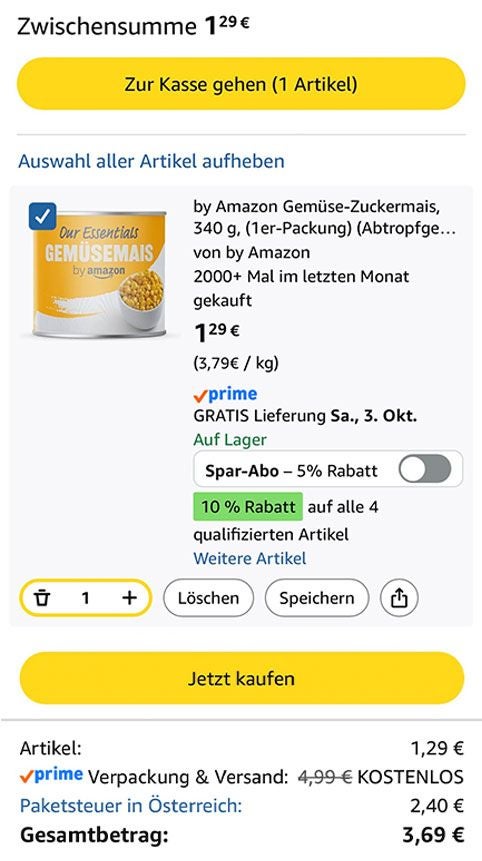 Amazon-Warenkorb mit einer Dose Gemüsezuckermais, Gesamtbetrag 3,69 € inklusive Österreich-Paketsteuer.