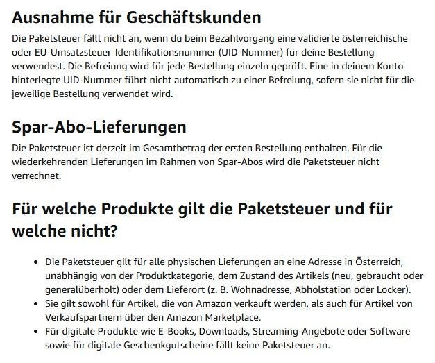 Erklärung zu Ausnahmen und Anwendungsbereichen der Paketsteuer bei Amazon-Bestellungen in Österreich.