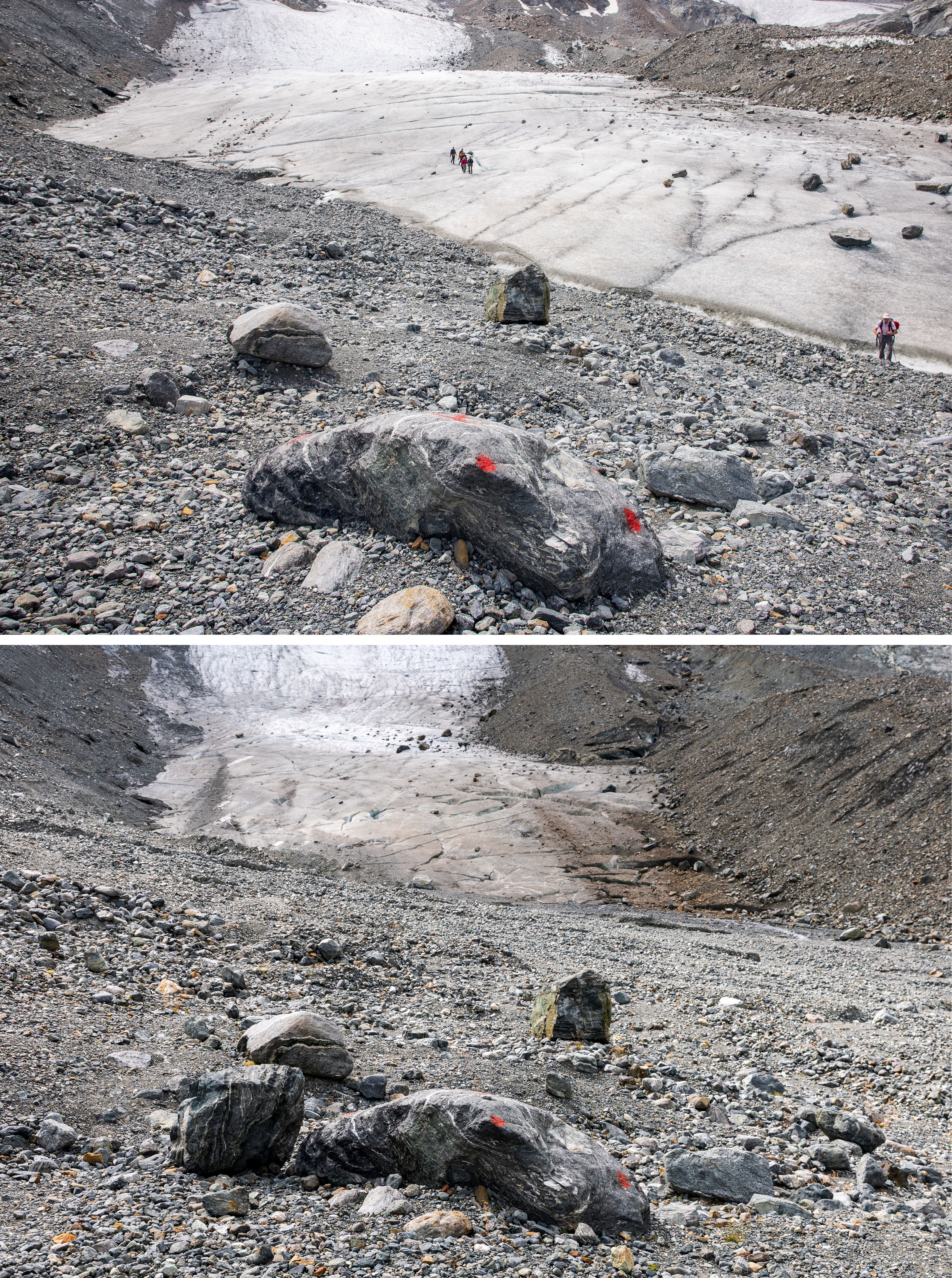 Vergleichsfoto des Jamtalferners: Gletscher mit Markierungen 2023 (oben) und 2026 (unten).
