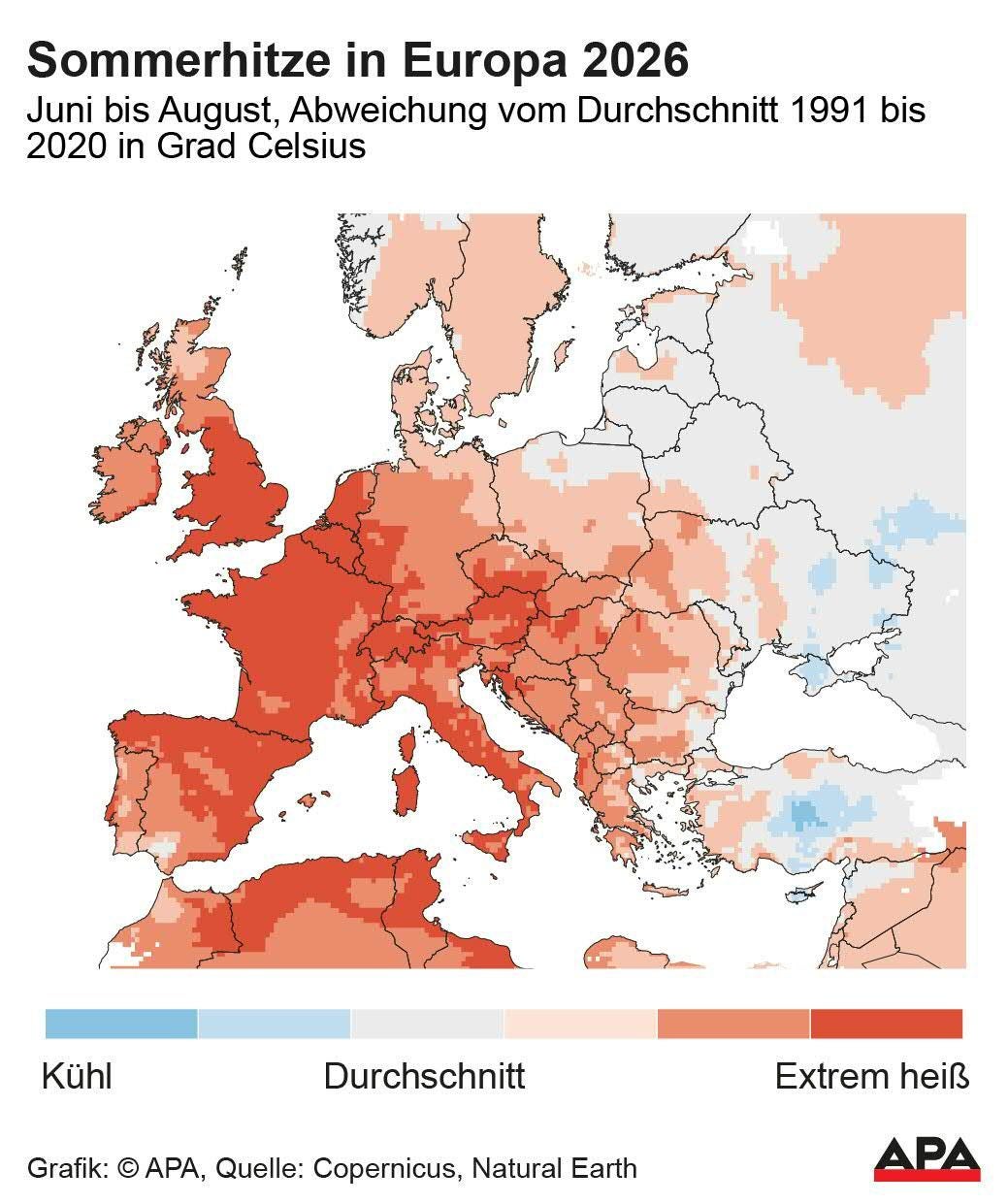 Karte zeigt starke Hitzewellen im Sommer 2026 in Europa; viele Regionen extrem heiß markiert.