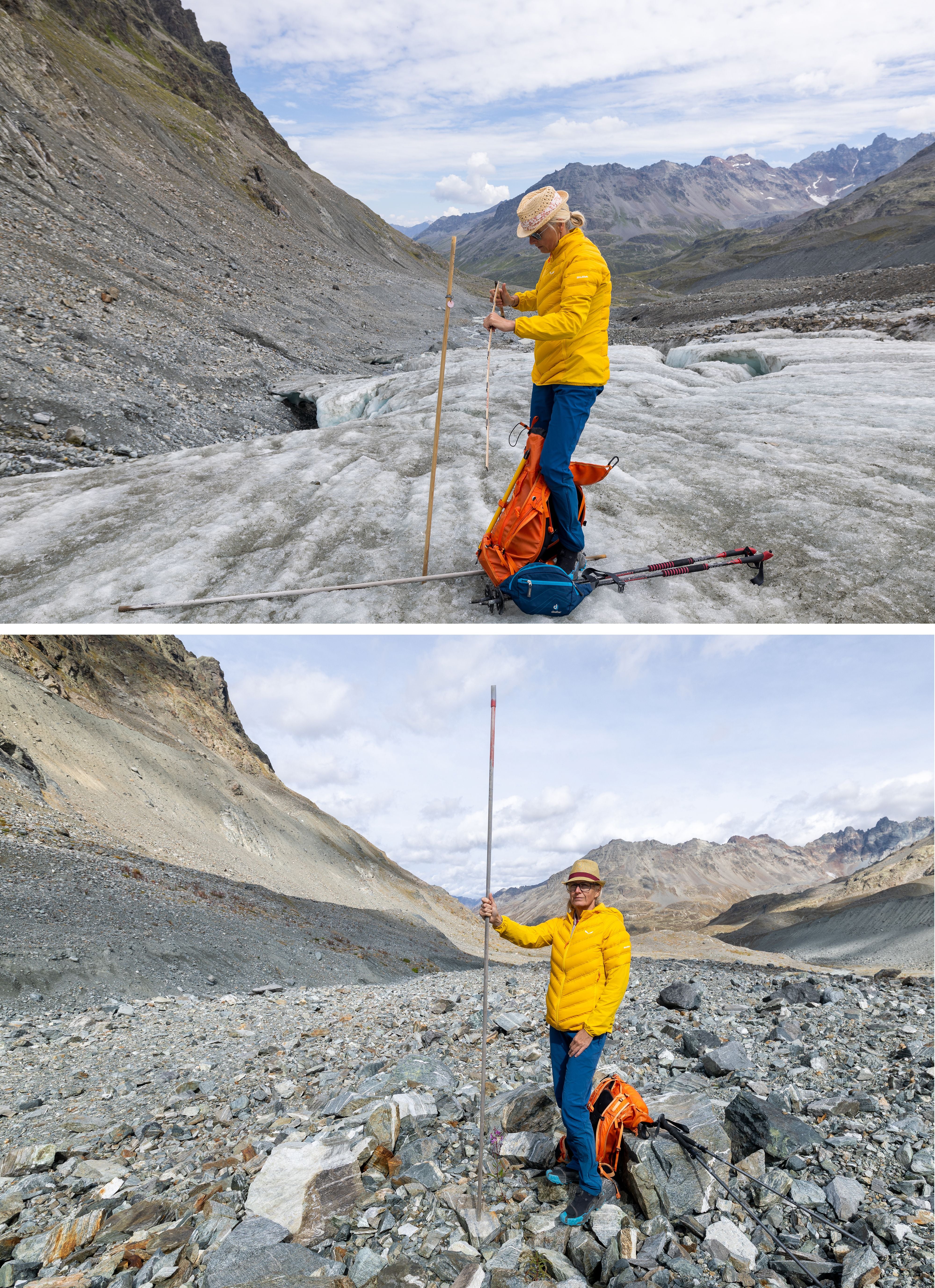 Eine Glaziologin misst auf einem Gletscher 2023 (oben) und auf Geröll 2026 (unten) in den Alpen.