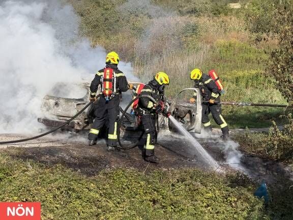 Drei Feuerwehrleute löschen einen brennenden, rauchenden PKW im Grünen bei Tulln.