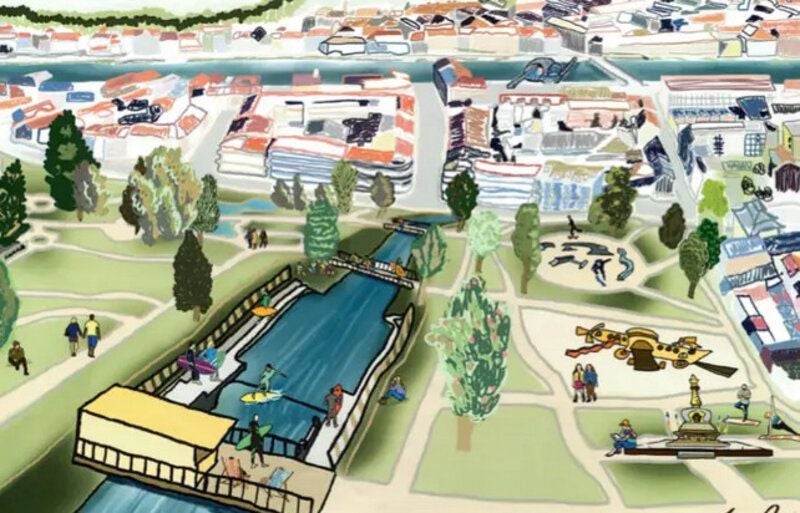 Bunte Illustration eines Parks mit Fluss, Surfern und Menschen im Stadtgebiet von Graz.