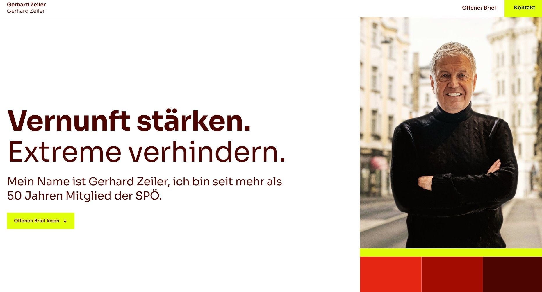 Screenshot einer Webseite mit dem Text „Vernunft stärken. Extreme verhindern.“ und einem lächelnden Mann.