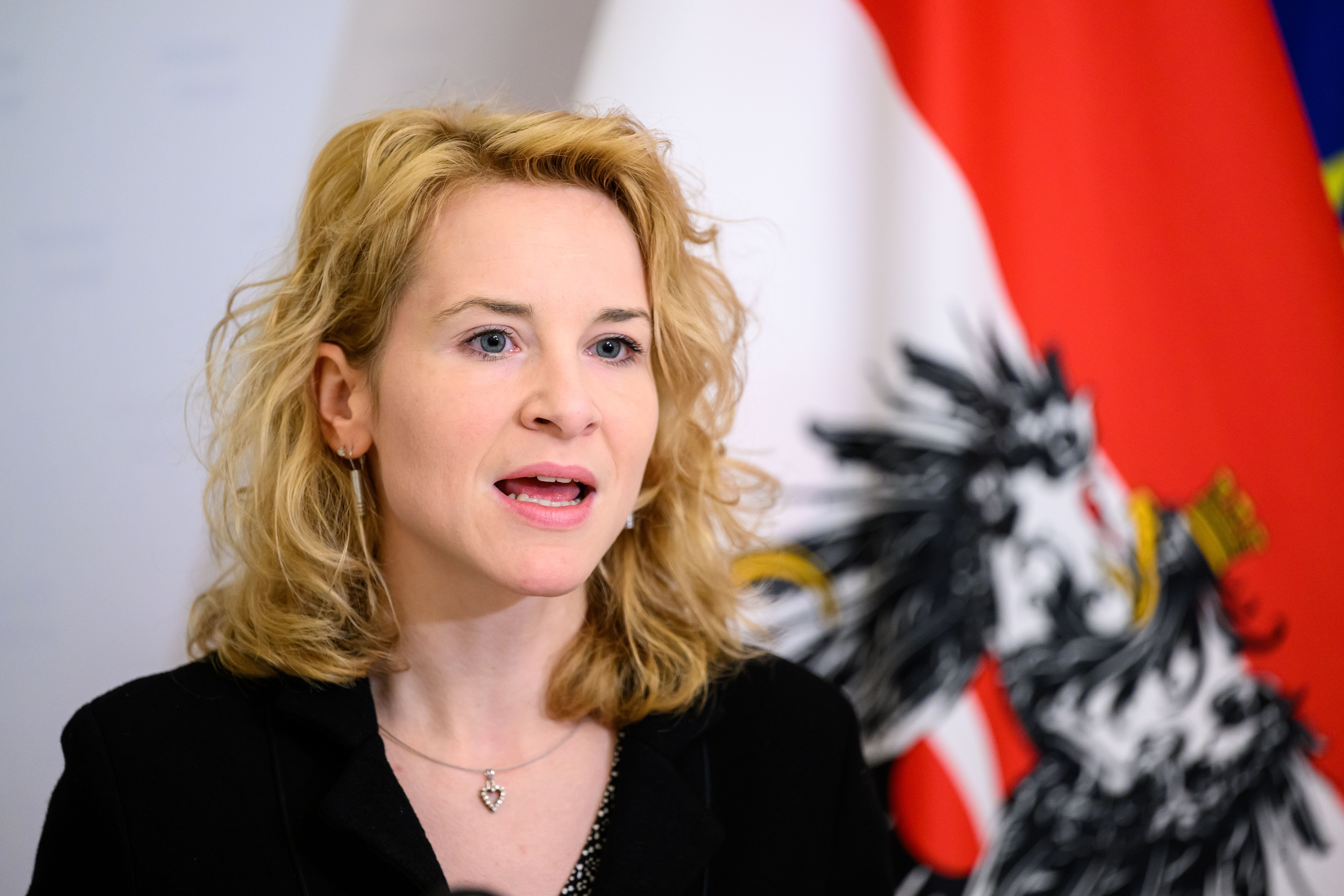 Eva-Maria Holzleitner spricht vor einer Österreich-Flagge bei einem Pressestatement in Wien.