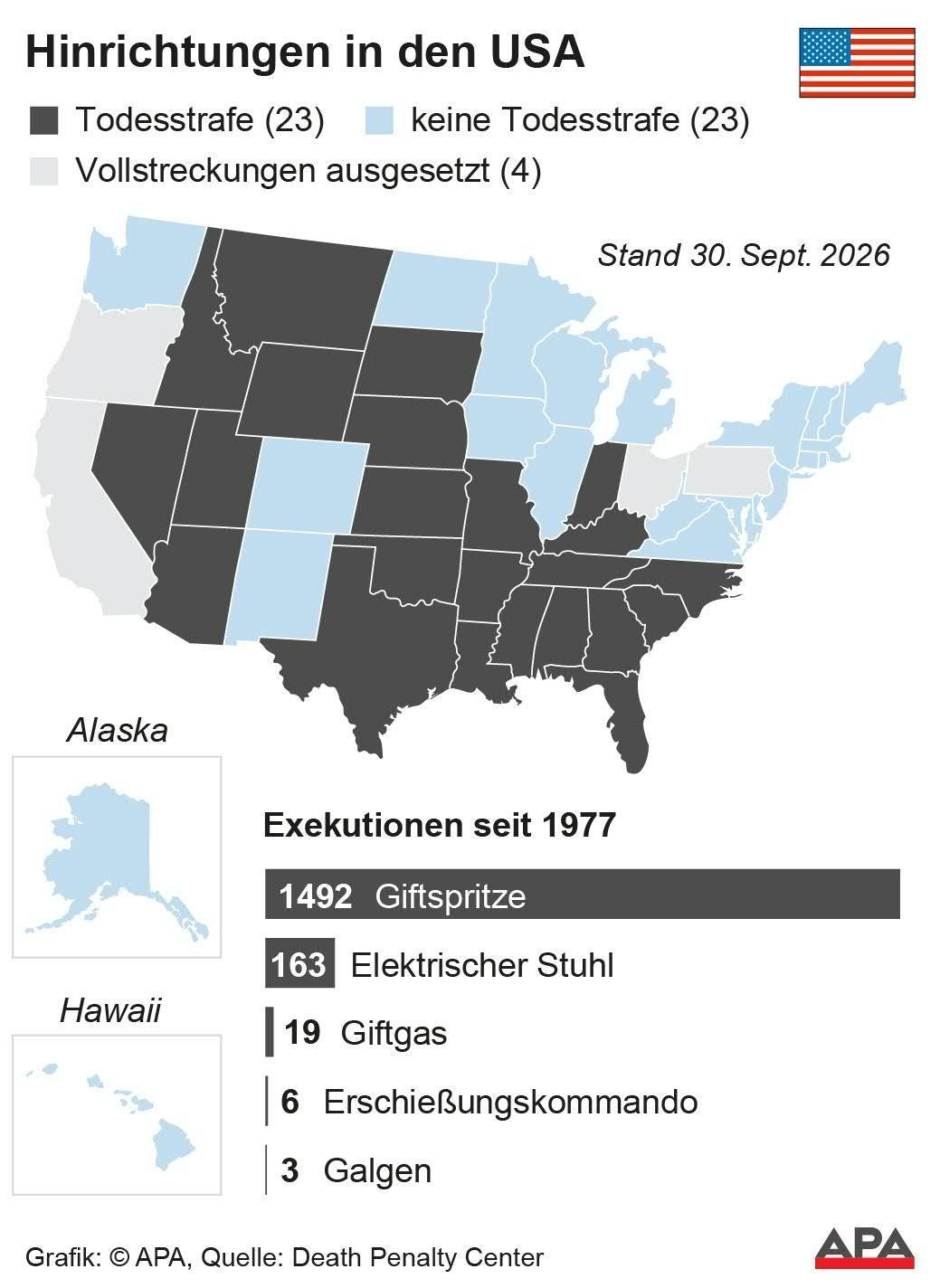 Karte der USA zu Todesstrafenregelungen und Exekutionsmethoden, Stand 30. September 2026.
