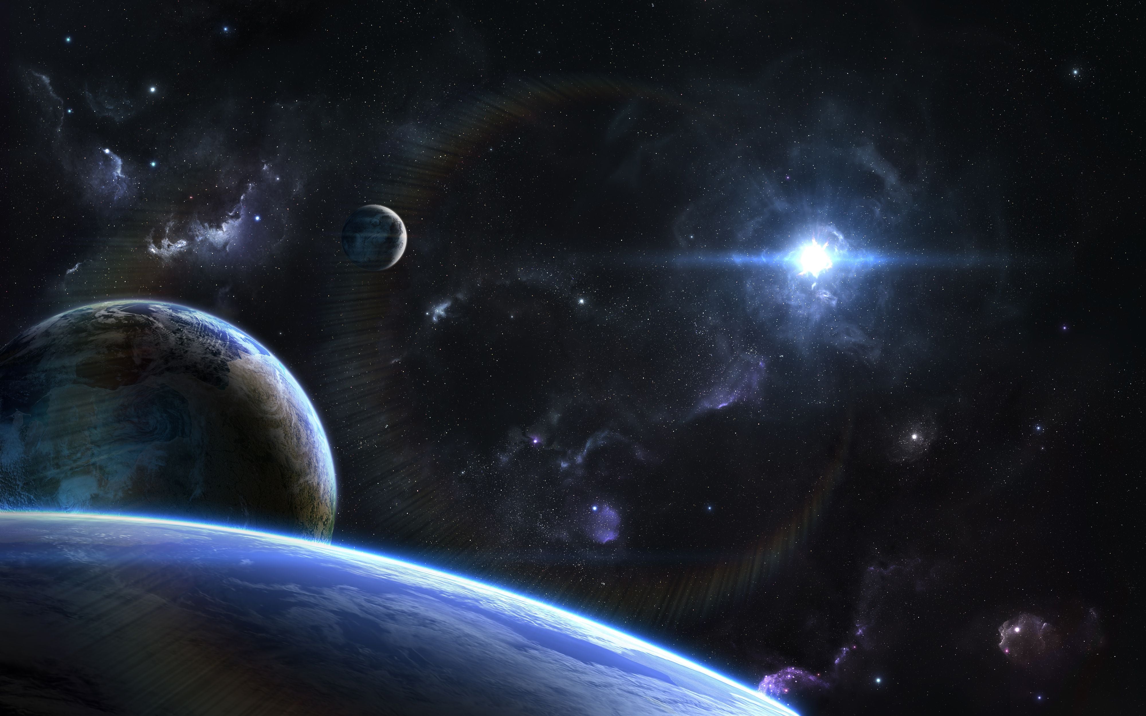 Digitale Weltraumszene mit Planeten, einem hellen Stern und leuchtenden Nebeln im Hintergrund.