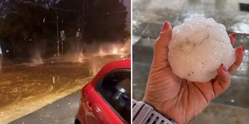 Links neben einem überfluteten Straßenzug, rechts eine Hand mit riesigem Hagelkorn.