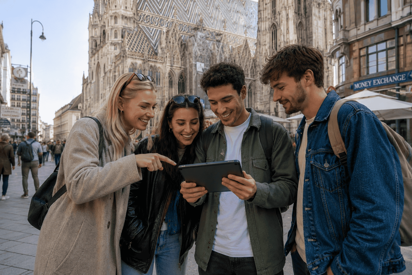 Vier junge Erwachsene schauen lächelnd auf ein Tablet vor einer historischen Kirche in der Stadt.